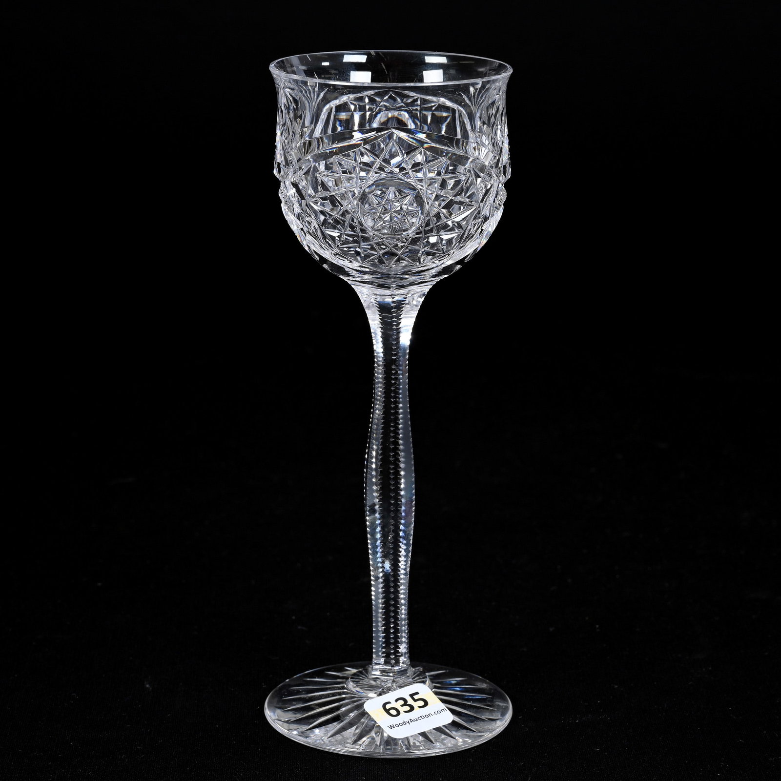 Wine Stem, American Brilliant Cut Glass, Signed Libbey: Wine Stem, American Brilliant Cut Glass, Signed Libbey, 7.5" x 2.75", Hobstar, Strawberry Diamond And Fan Motif, Solid Notched Stem, Ray Cut Foot, Possible Rim Polish, Private Illinois Collection.