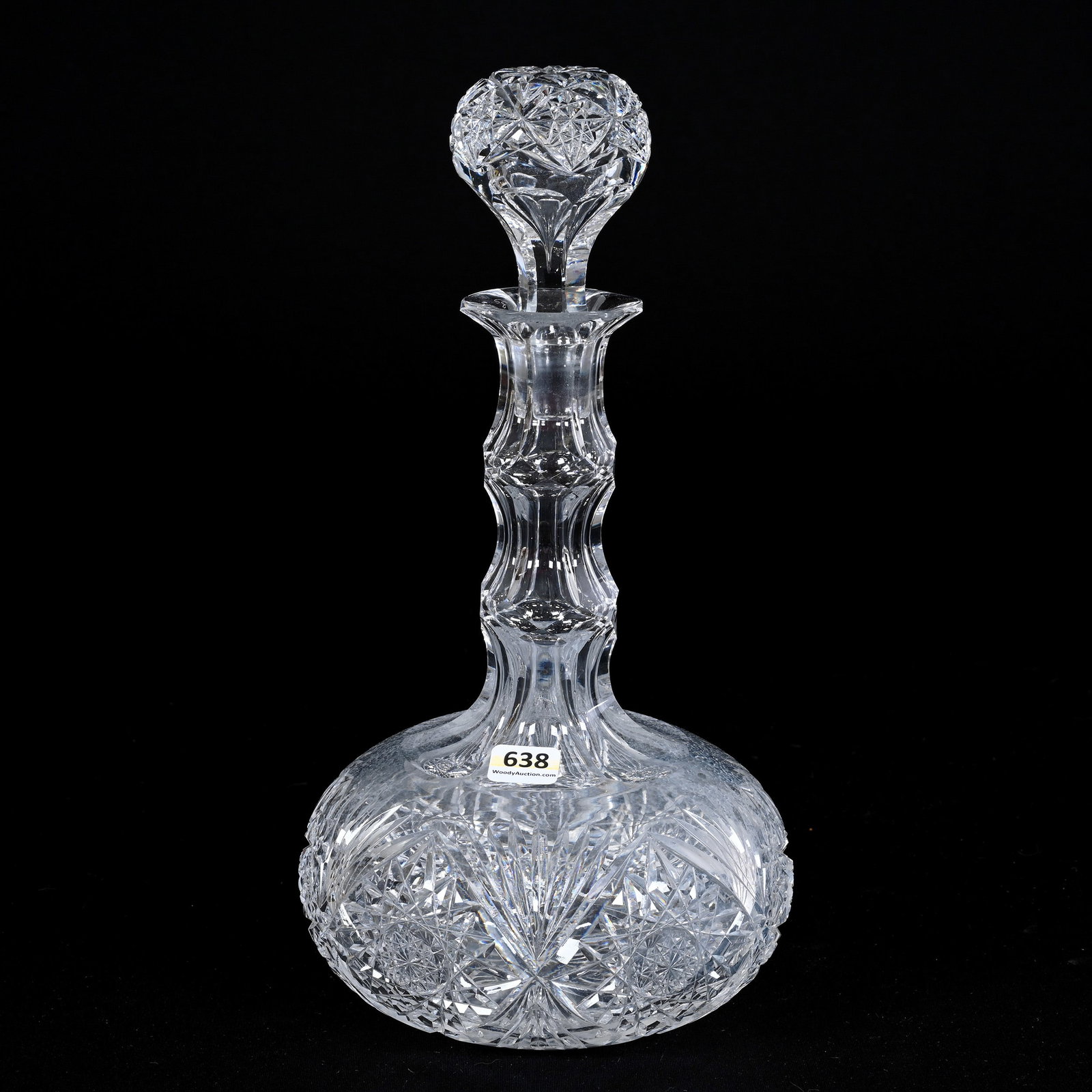 Decanter, American Brilliant Cut Glass: Decanter, American Brilliant Cut Glass, 12.5" x 6.25", Double Goose Neck, Hobstar And Fan Motif, Pattern Cut Stopper, Ray Cut Base, Interior Needs Cleaning, Private Illinois Collection.
