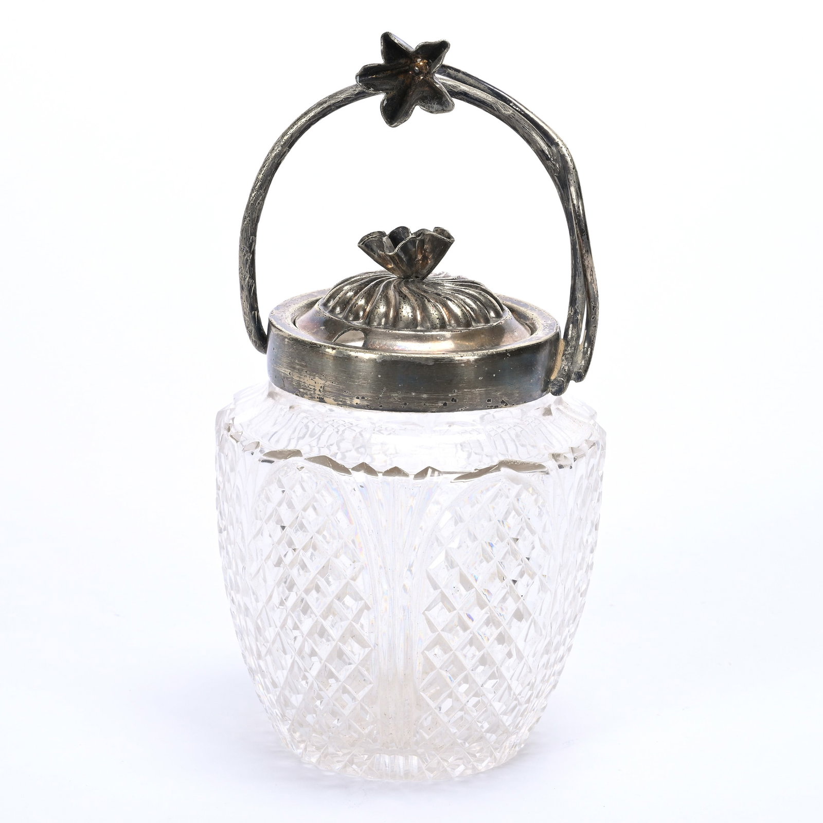 Marmalade Jar, Brilliant Period Cut Glass: Marmalade Jar, Brilliant Period Cut Glass, 7" x 3.75", Diamond Cut Panels Alternating With Fan, Silverplate Lid And Fixed Bail, Private Illinois Collection.