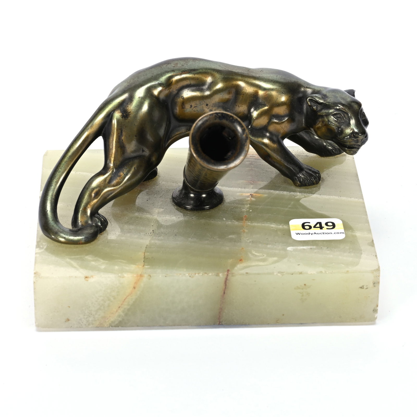 Pen Holder, Green Iridized Metal Panther: Pen Holder, Green Iridized Metal Panther, 4" x 5.5" x 4.25", On Green Onyx Base, No Markings Apparent, Private Illinois Collection.