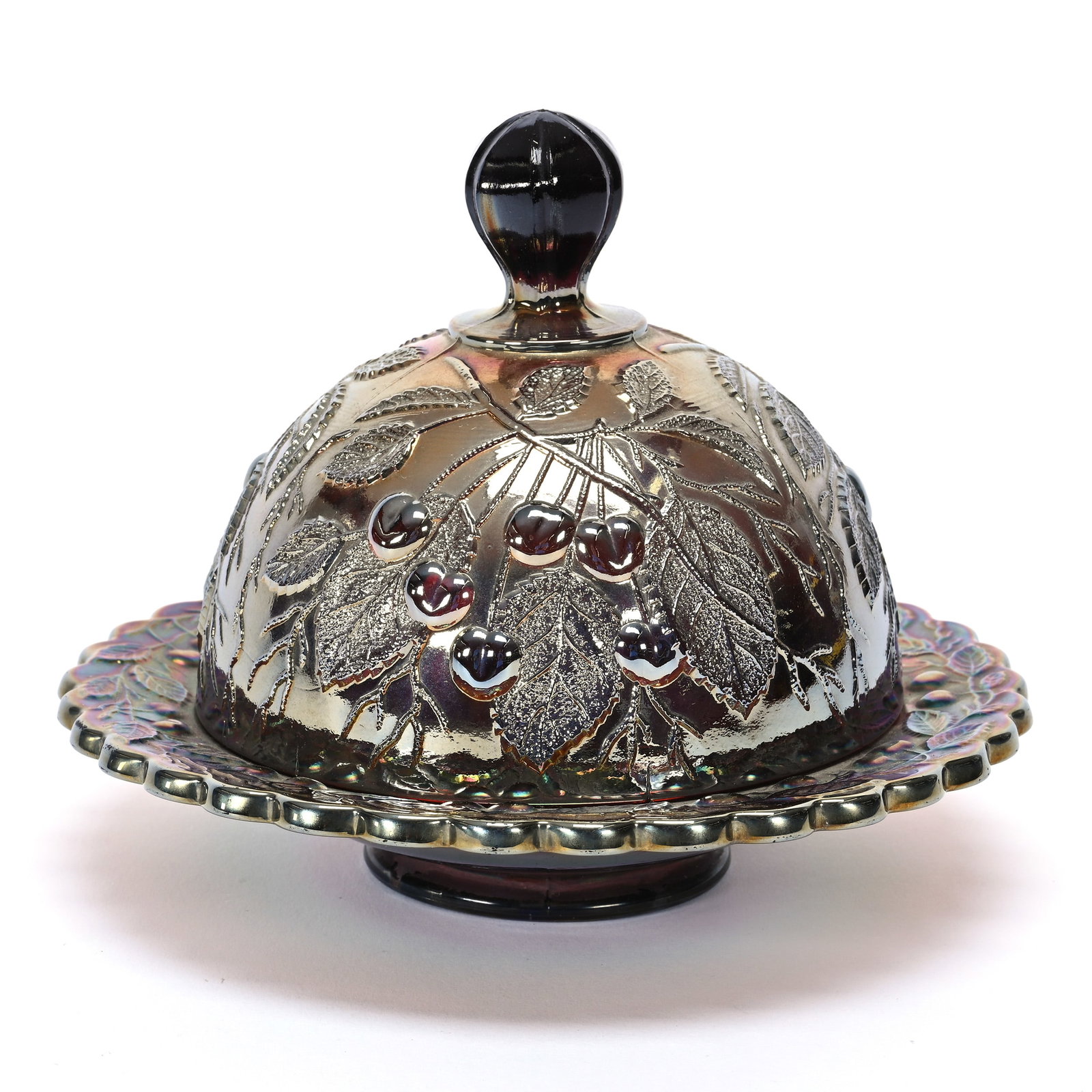 Covered Butterdish, Carnival Glass: Covered Butterdish, Carnival Glass, 5.75" x 7.25", Hanging Cherries By Millersburg, Amethyst, Private Illinois Collection.