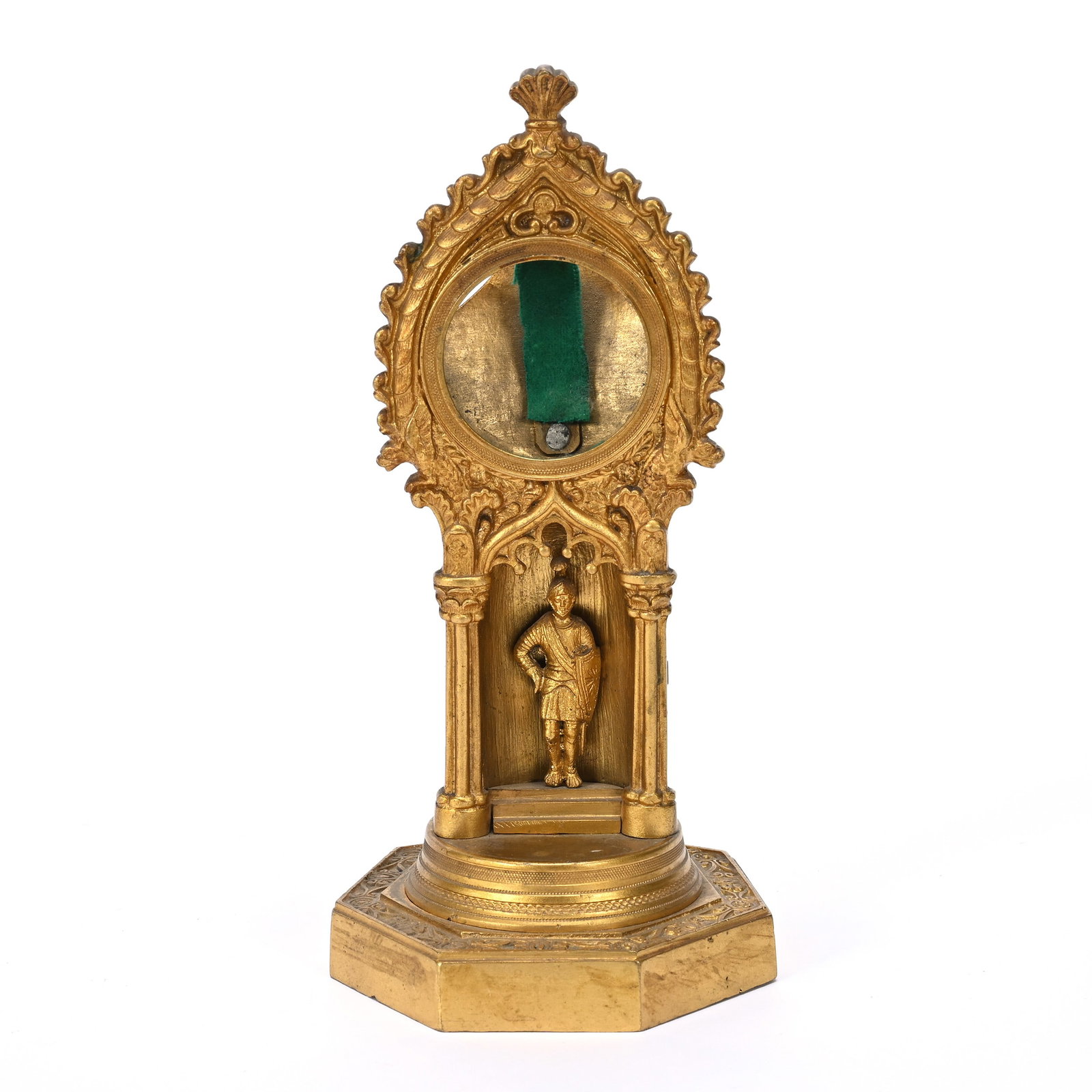 Watch Stand, Gilded Metal And Iron Stand: Watch Stand, Gilded Metal And Iron Stand, 8.25" x 3.75", Figure Of Soldier, 1.75" Open Window To View Watch, No Watch Included, Private Illinois Collection.