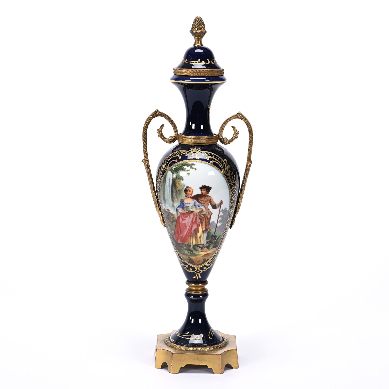 Covered Urn, Unmarked Sevres: Covered Urn, Unmarked Sevres, 14" x 4.5", Cobalt Blue, Classic Courting Scene, Private Illinois Collection.