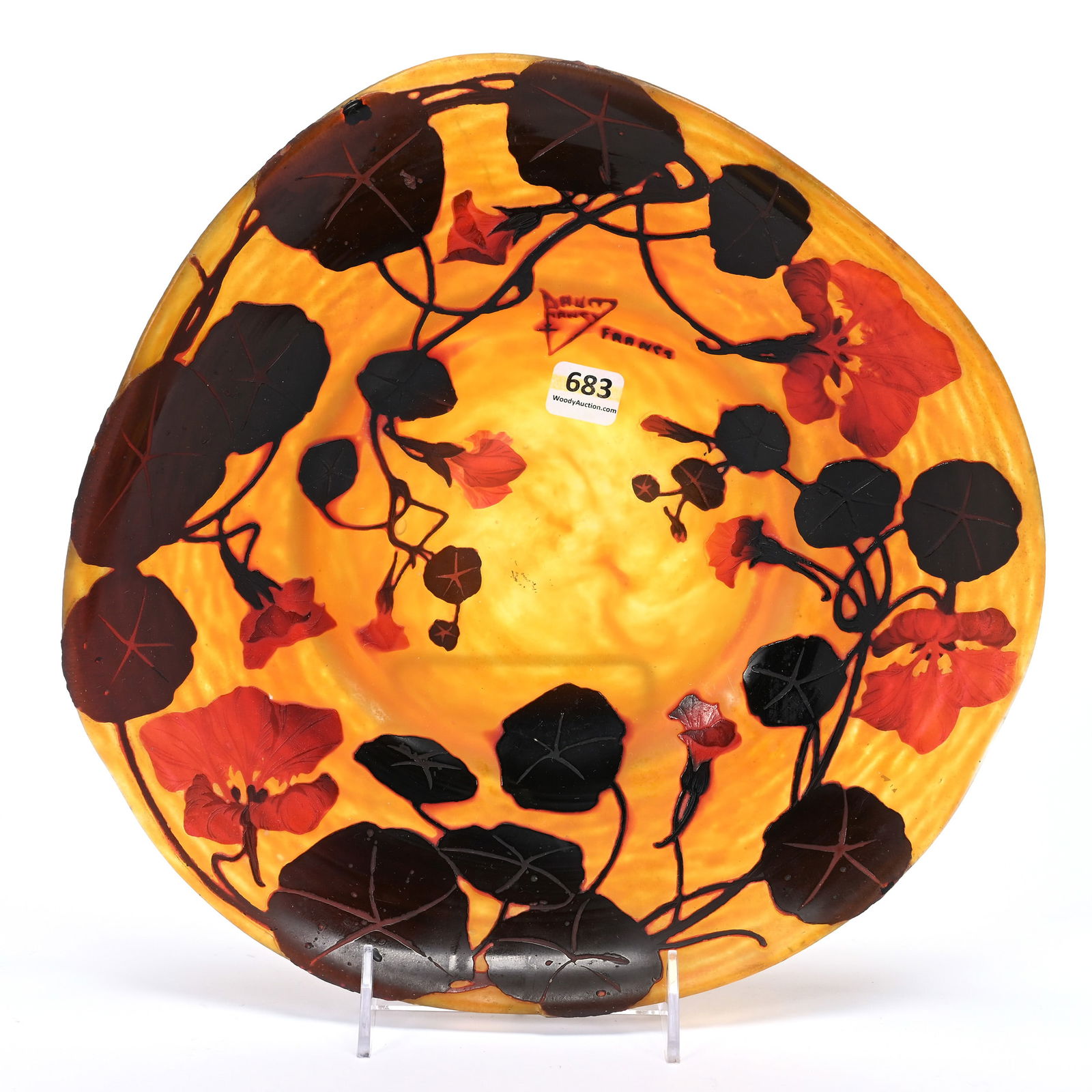 Plate Signed Daum Nancy French Cameo Art Glass: Plate Signed Daum Nancy French Cameo Art Glass, 11.75", Tri-Corner, Orange Ground With Dark Red Cameo Carved Floral Overlay, This Is An Original Piece Of Daum Nancy Cameo, Does Have Professional Surfa