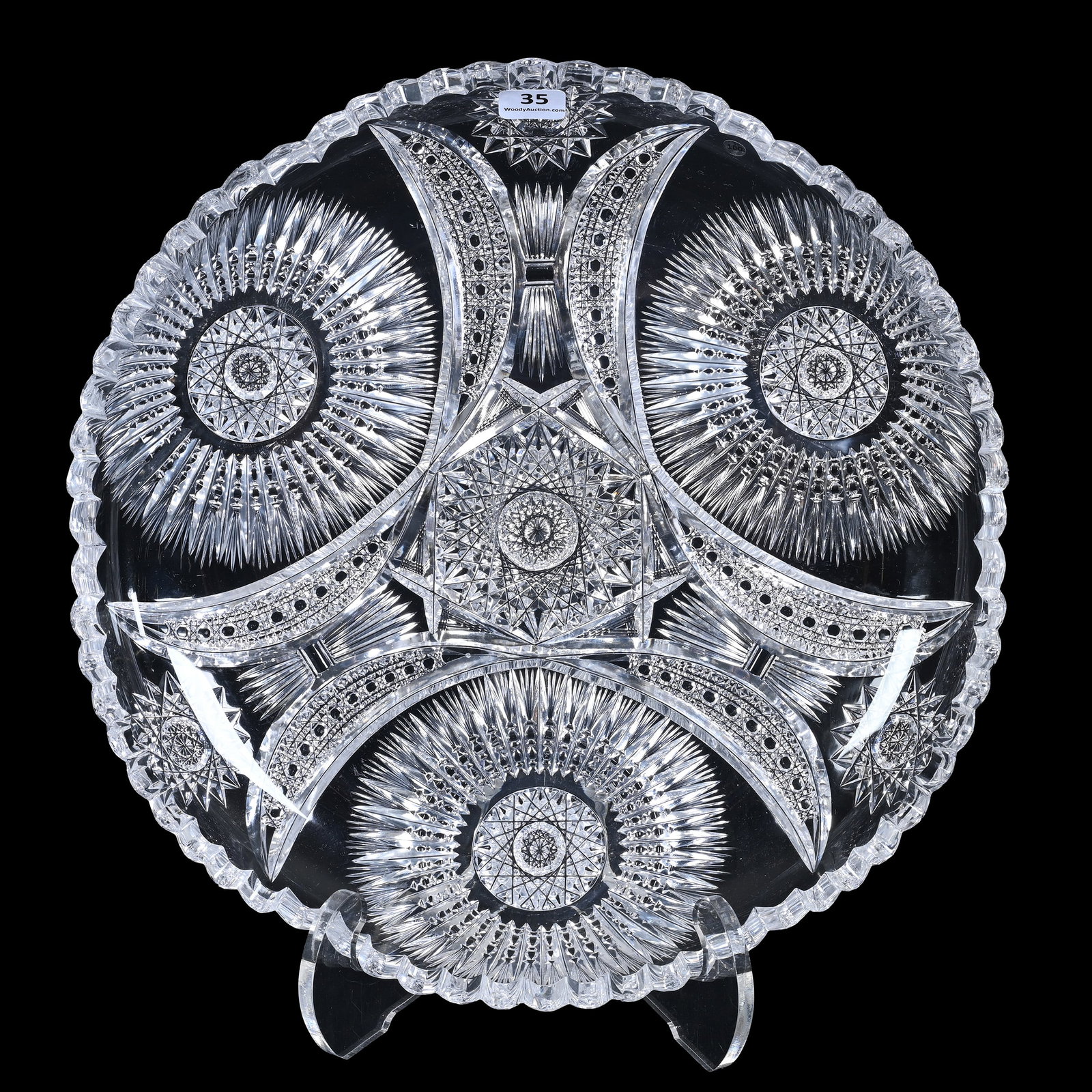 Round Tray, American Brilliant Cut Glass: Round Tray, American Brilliant Cut Glass, 12.5", Three Sections Of Sunburst With Hobstar Center, Crescent With Cane And Fan Highlights, Steve Hollis Collection, VA.
