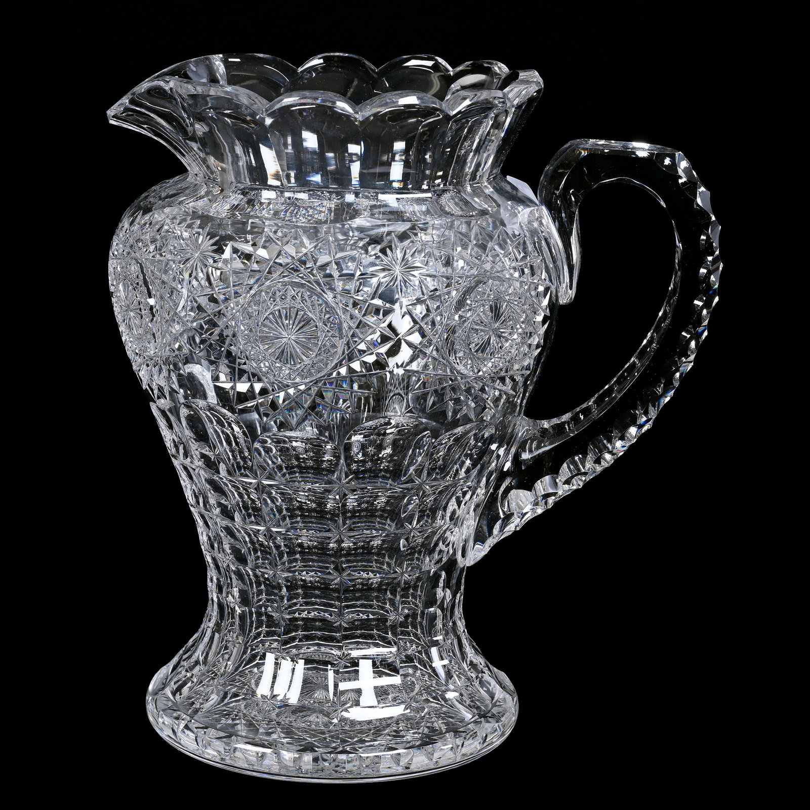 Pitcher, American Brilliant Cut Glass: Pitcher, American Brilliant Cut Glass, 9.25" x 8.5", Beautiful Form Featuring Hobstar Chain With Punty And Star Highlights, Triple Notched Handle, Hobstar Base, Wonderful Blank, Steve Hollis Collectio
