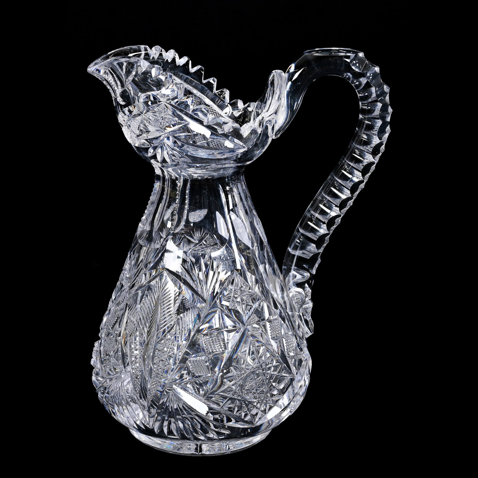 Novelty Pitcher, American Brilliant Cut Glass: Novelty Pitcher, American Brilliant Cut Glass, 8.25" x 6.25", Hobstar, Cane, Strawberry Diamond, Miter And Fan Motif, Unique Blown Spout With Pattern Cut Rim, Triple Notched Handle, Ray Cut Base, Stev