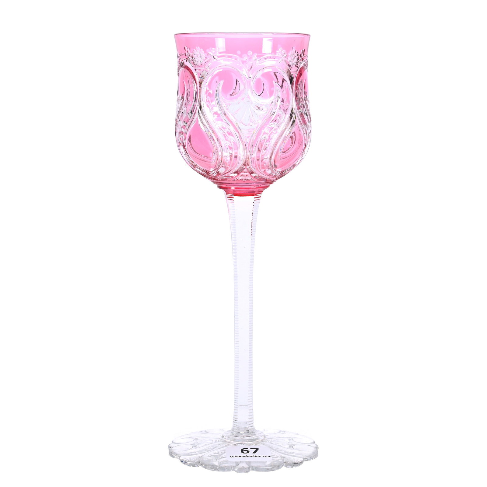 Wine Stem, BPCG, Rose Cut To Clear: Wine Stem, Brilliant Period Cut Glass, Rose Cut To Clear, 8.25" x 3", Scrolled Heart Shaped Design With Floral Highlights, Pattern Engraved Foot, Attributed To Stevens & Williams Or Webb, The Late Ric