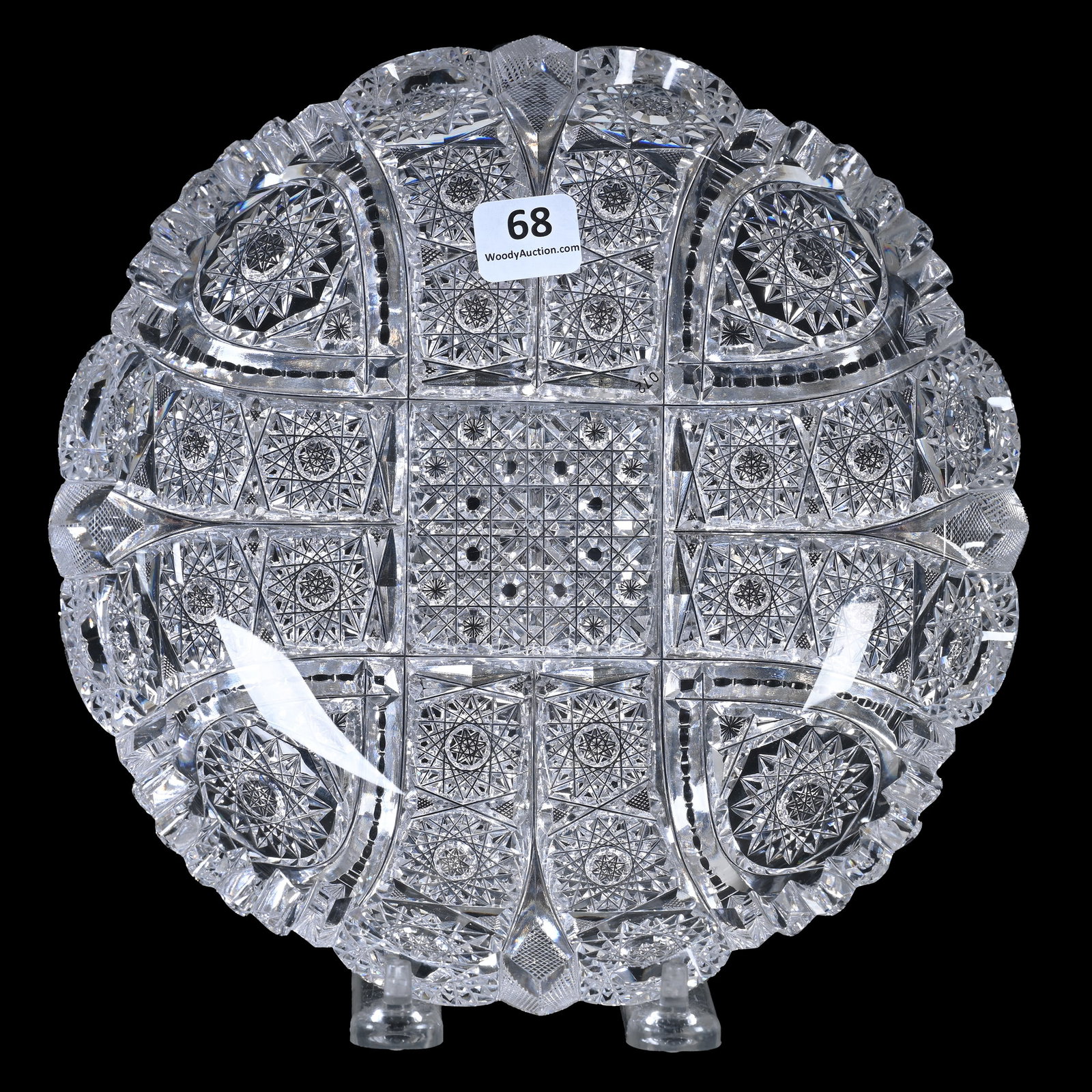 Low Bowl, ABCG, Signed Libbey Blank: Low Bowl, American Brilliant Cut Glass, Signed Libbey Blank, 8", Four Sections Of Hobstar, Vesica, Strawberry Diamond And Prism Motif, One Side Tooth Chip, Steve Hollis Collection, VA.