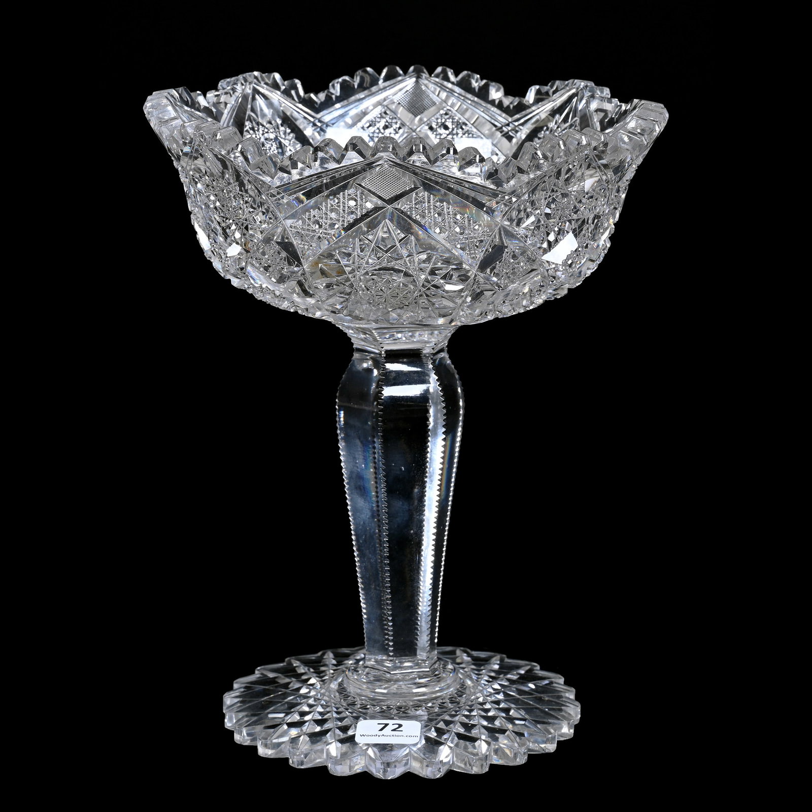 Compote, American Brilliant Cut Glass: Compote, American Brilliant Cut Glass, 8.75" x 7", Hobstar, Vesica, Cane And Strawberry Diamond Motif, Solid Notched Stem, Scalloped Hobstar Foot, Ian Berke Estate Collection, CA.
