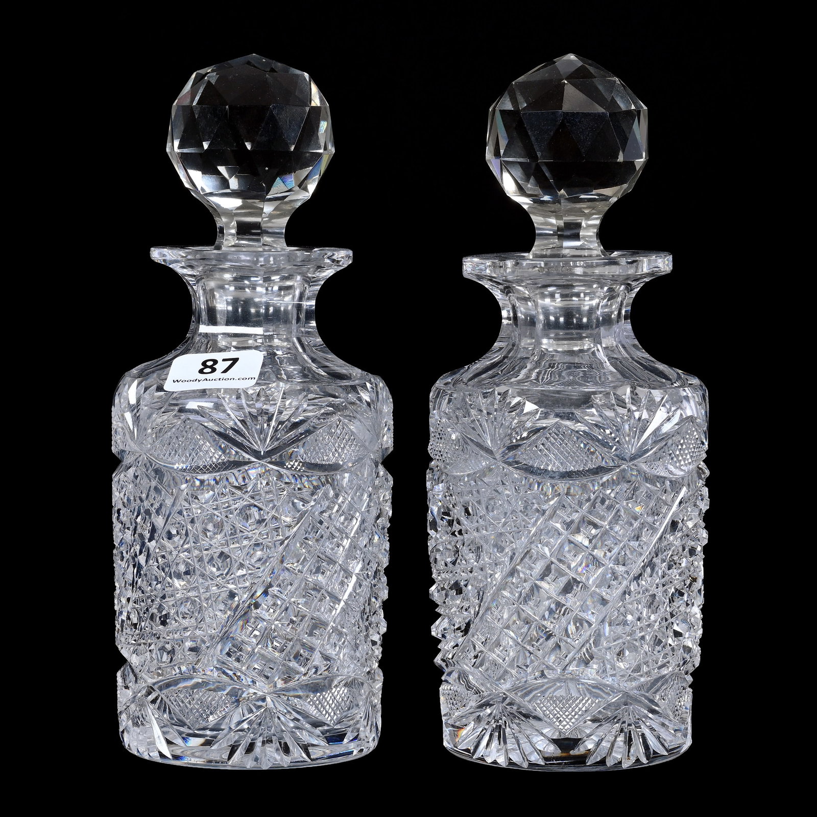 Pair Cologne Bottles, American Brilliant Cut Glass: Pair Cologne Bottles, American Brilliant Cut Glass, 6.75" x 3.5", Nice Combination Of Cane, Crosscut Diamond, Strawberry Diamond And Fan Motif, Ray Cut Base, Ian Berke Estate Collection, CA.