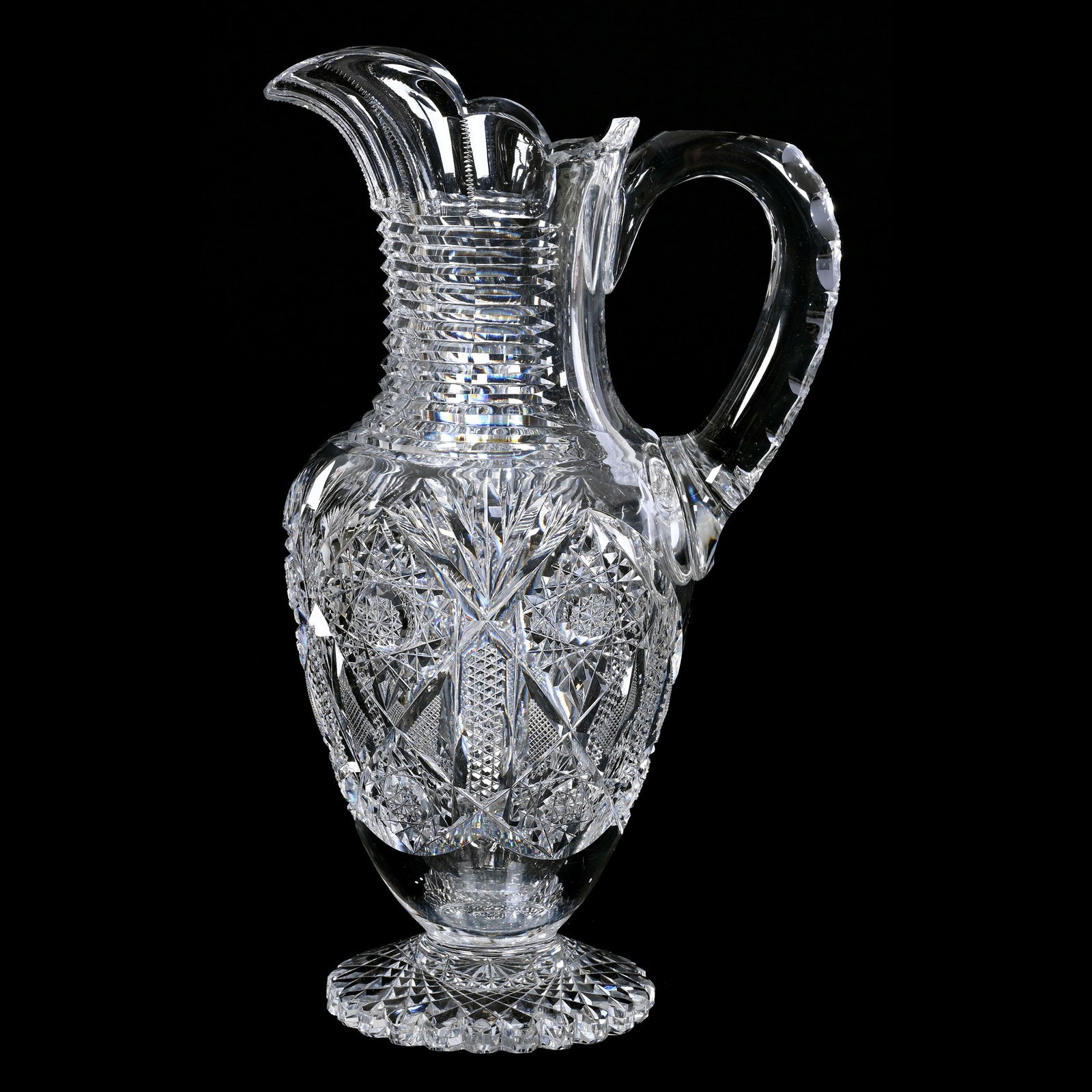 Pedestal Pitcher, American Brilliant Cut Glass: Pedestal Pitcher, American Brilliant Cut Glass, 12.75" x 7", Hobstar, Nailhead Diamond, Strawberry Diamond And Fan Motif, Step Cut Neck, Scalloped Hobstar Foot, Double Notched Handle, Steve Hollis Col