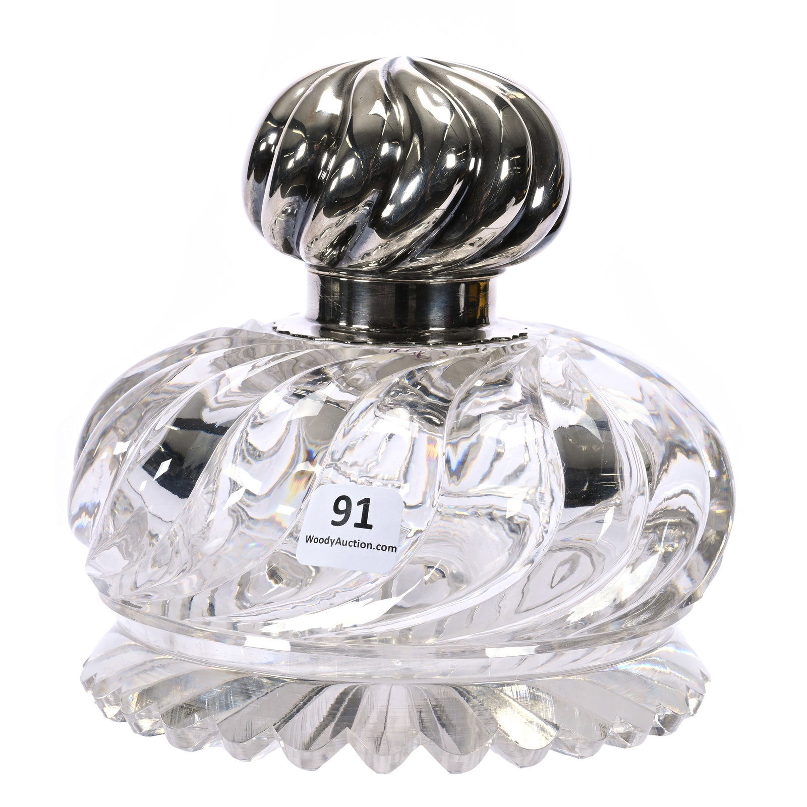Inkwell, ABCG, Swirled Tusk Pattern, Sterling Lid: Inkwell, American Brilliant Cut Glass, Swirled Tusk Pattern, Sterling Lid, 5.5" x 6", Pattern Also Known As Twin City By J. Hoare, Raised Ray Cut Base, Pattern Matched Sterling Silver Flip Lid Marked 