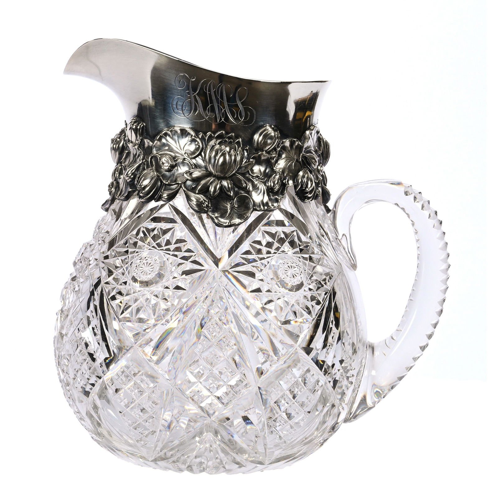 Pitcher, American Brilliant Cut Glass, Sterling Collar (1 of 5)
