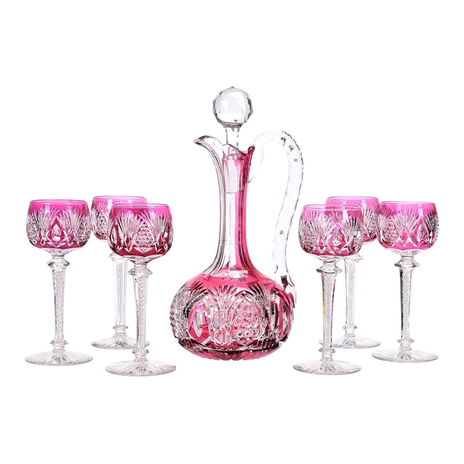 Decanter Set, BPCG, Cranberry Cut To Clear (1 of 3)