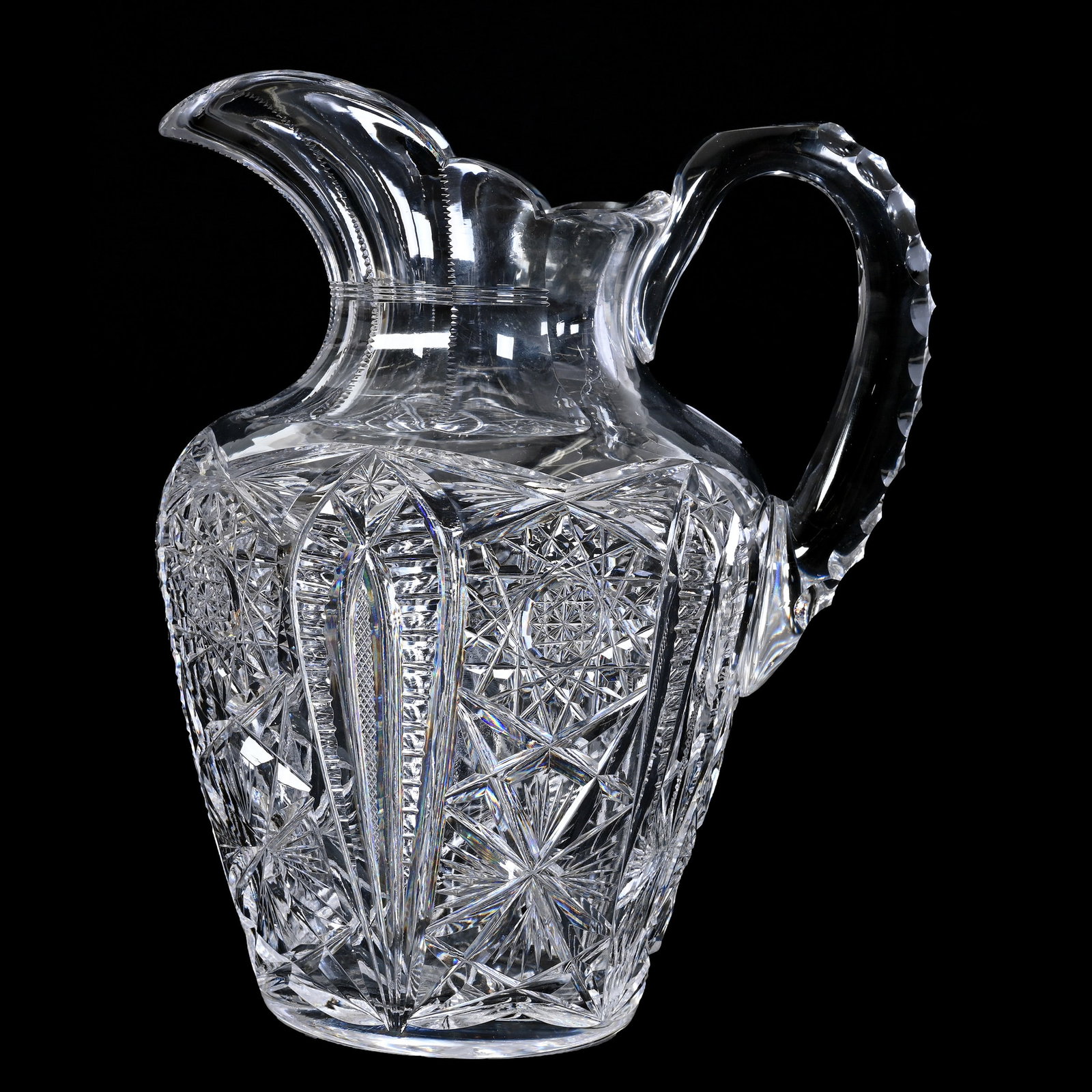Pitcher, American Brilliant Cut Glass: Pitcher, American Brilliant Cut Glass, 9.25" x 7.25", Hobstar, Vesica, Strawberry Diamond, Star And Fan Motif, Triple Notched Handle, Ray Cut Base, Steve Hollis Collection, VA.