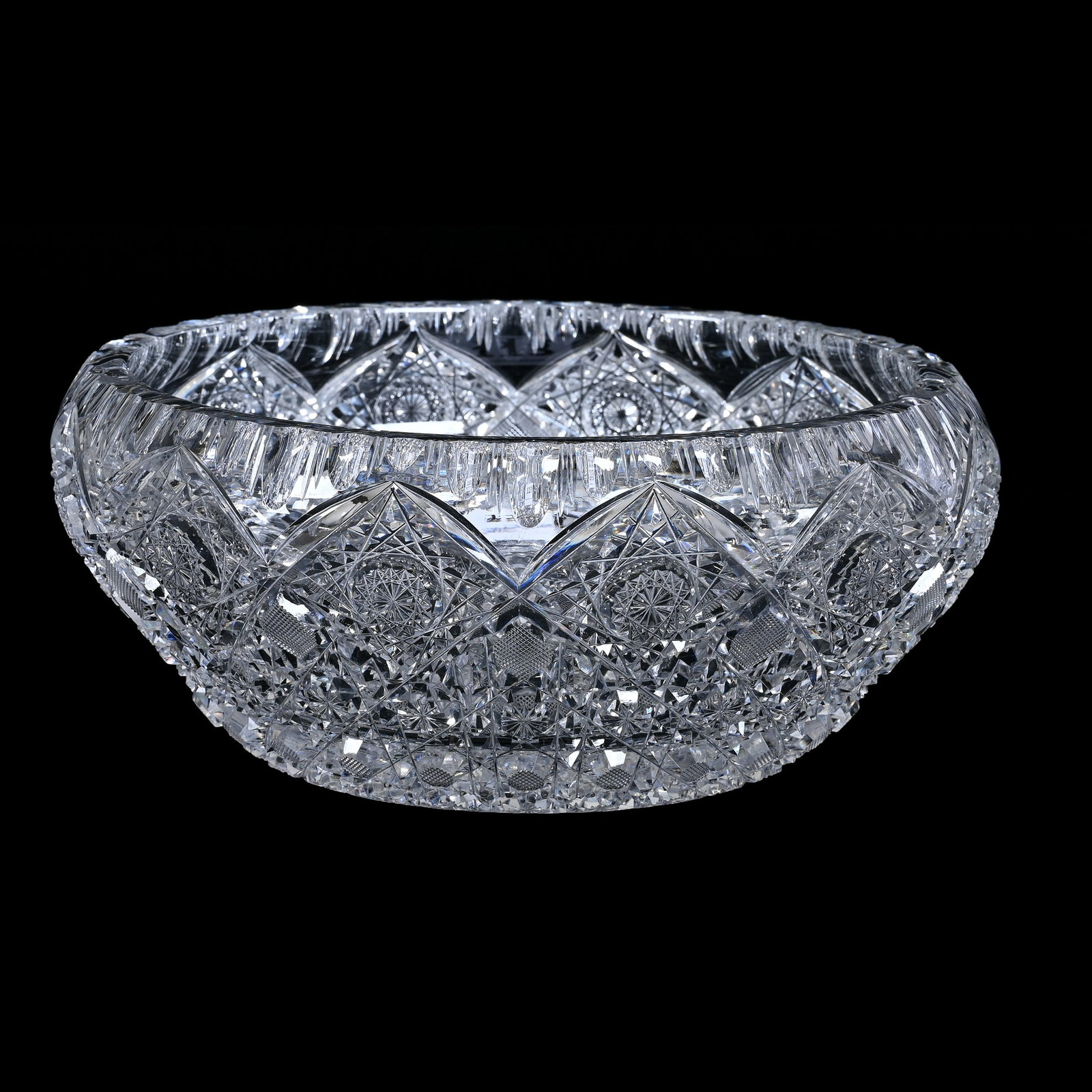 Bowl, American Brilliant Cut Glass: Bowl, American Brilliant Cut Glass, 3.75" x 8.5", Hobstar Center With Hobstar, Strawberry Diamond, Star And Prism Motif, Interior Rim Nicks, Steve Hollis Collection, VA.