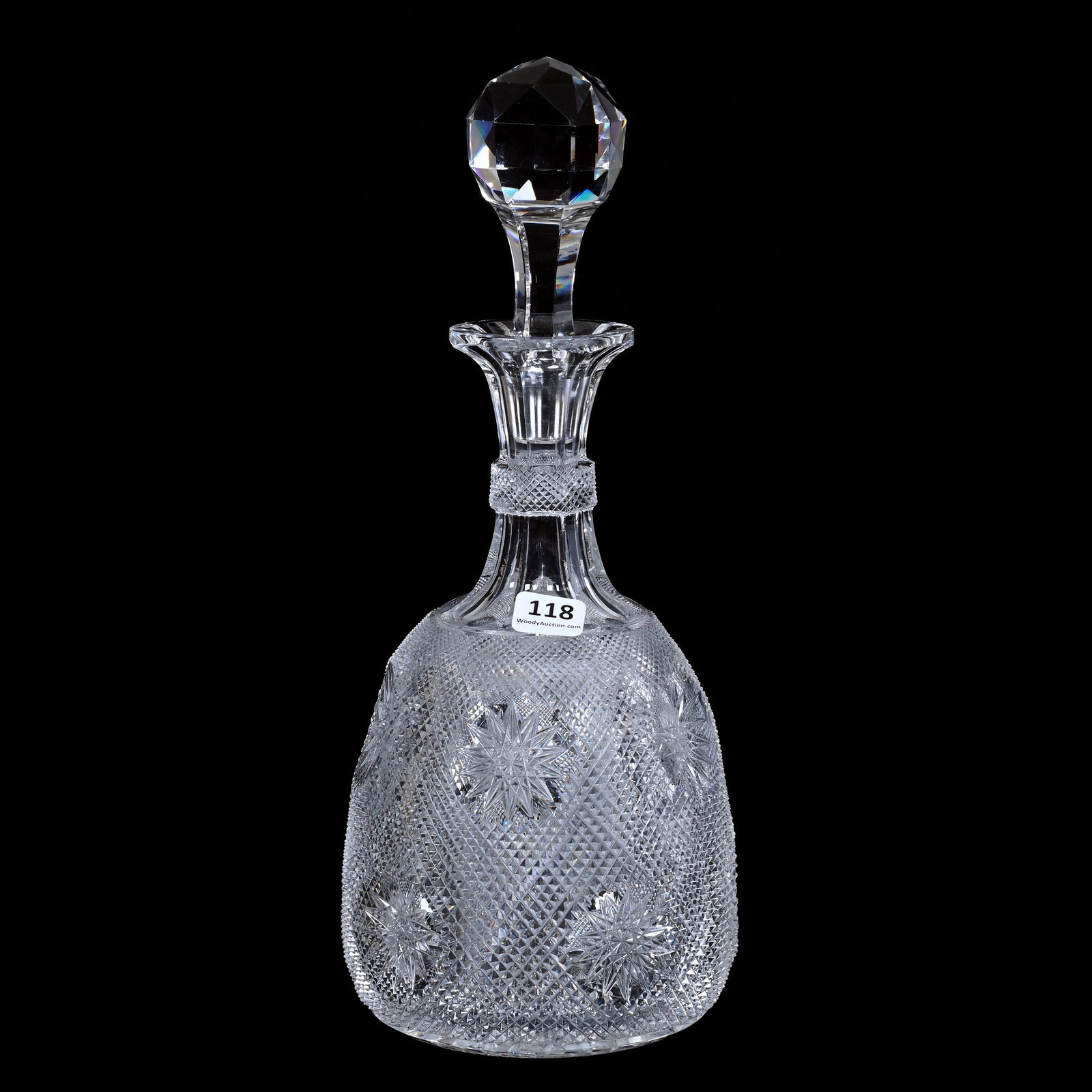 Decanter, American Brilliant Cut Glass: Decanter, American Brilliant Cut Glass, 12.25" x 5", Very Unique Cutting Of Diamond Point With Ten Hobstar Rosettes Spread Across Field, Hobstar Base, Nice Quality, The Late Richard Byrne Collection, 