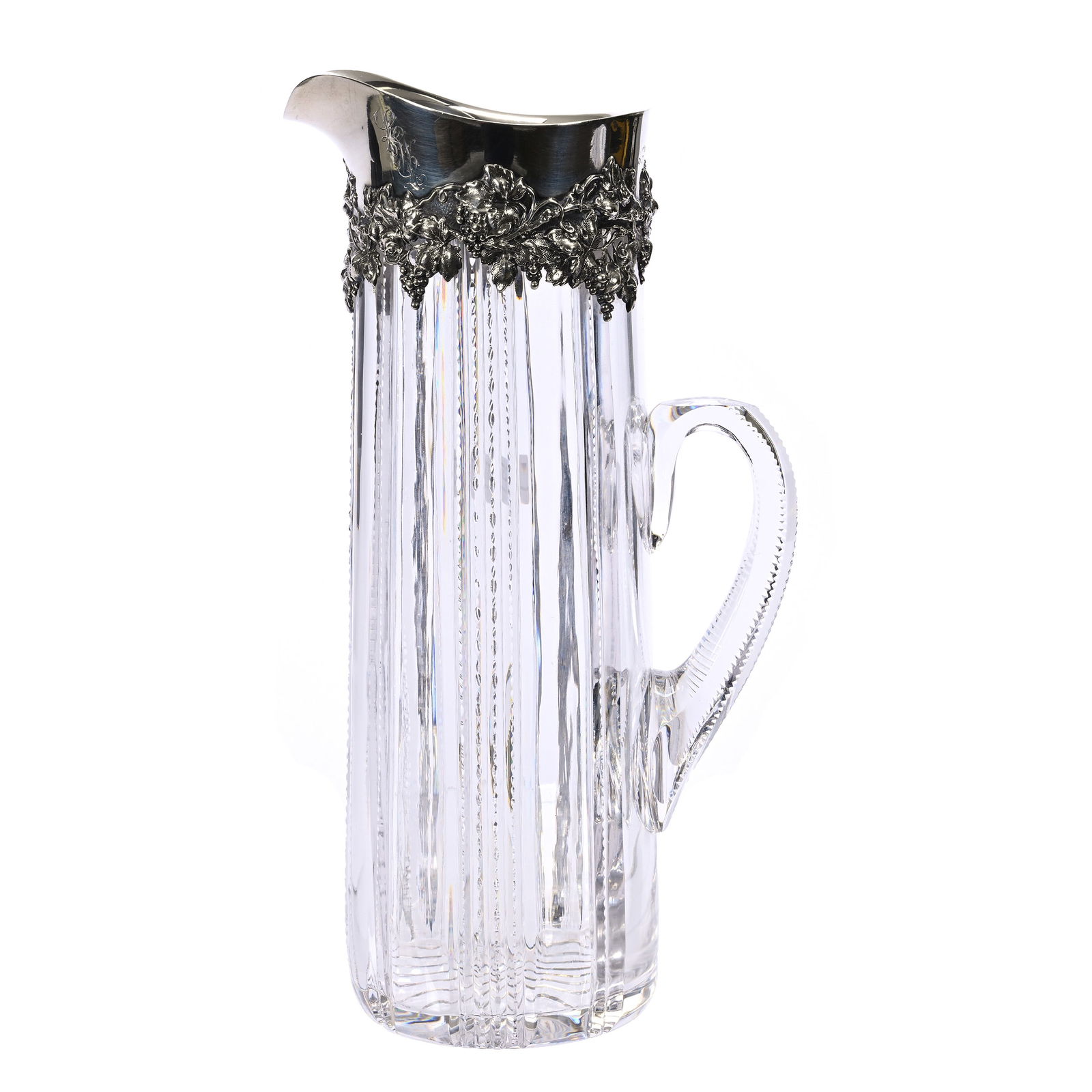 Tankard, ABCG, Tusk/Prism Motif, Sterling: Tankard, American Brilliant Cut Glass, Tusk And Prism Motif, 12.25" x 6.75", Elaborate Vintage Sterling Silver Spout Marked Gorham S2902, Solid Notched Handle, Ray Cut Base, Someone Has Dremel Etched