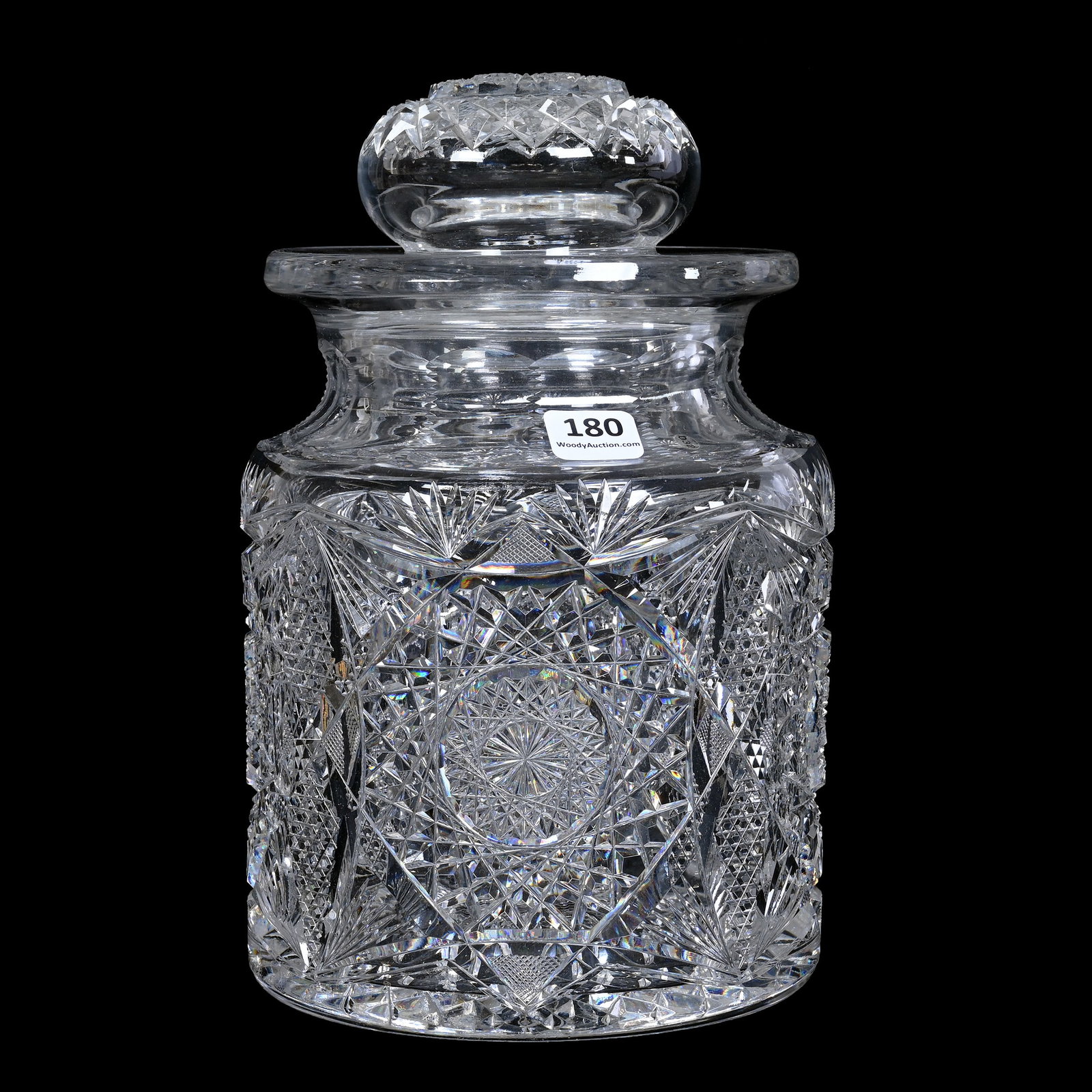 Humidor, Majestic, American Brilliant Cut Glass: Humidor, Majestic, American Brilliant Cut Glass, 9" x 5.75", Hobstar, Vesica, Nailhead Diamond, Strawberry Diamond And Fan Motif, Hobstar Lid, Hobstar Base, Private Collection, IN. UPDATED 8-20-24: Ad