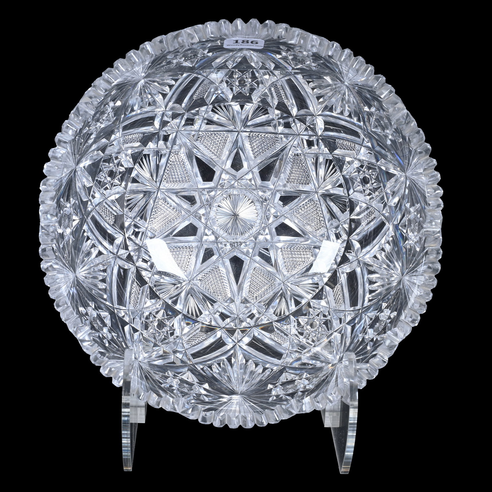 Bowl, American Brilliant Cut Glass: Bowl, American Brilliant Cut Glass, 4" x 9", Hobstar, Tusk, Strawberry Diamond And Fan Motif, A "Snowflake" Type Design, Well Done, Private Collection, IN.