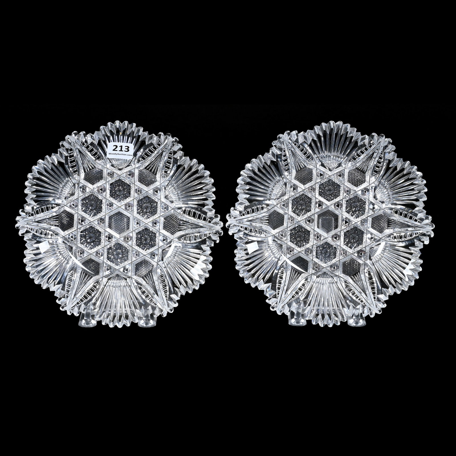 (2) Plates, American Brilliant Cut Glass: (2) Plates, American Brilliant Cut Glass, 7", Center Featuring Six-Sided Button With Hobstar And Strawberry Diamond, Border Of Fan And Notched Vesica Motif, One Plate With Rim Chips, Ian Berke Estate 