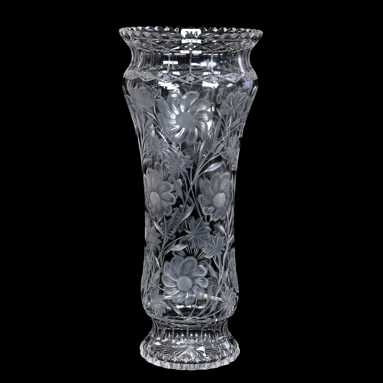 Vase, American Brilliant Cut Glass: Vase, American Brilliant Cut Glass, 14.25" x 6", Engraved Frosted Floral Design, Nice Form, Ray Cut Base, The Late Richard Byrne Collection, NY.