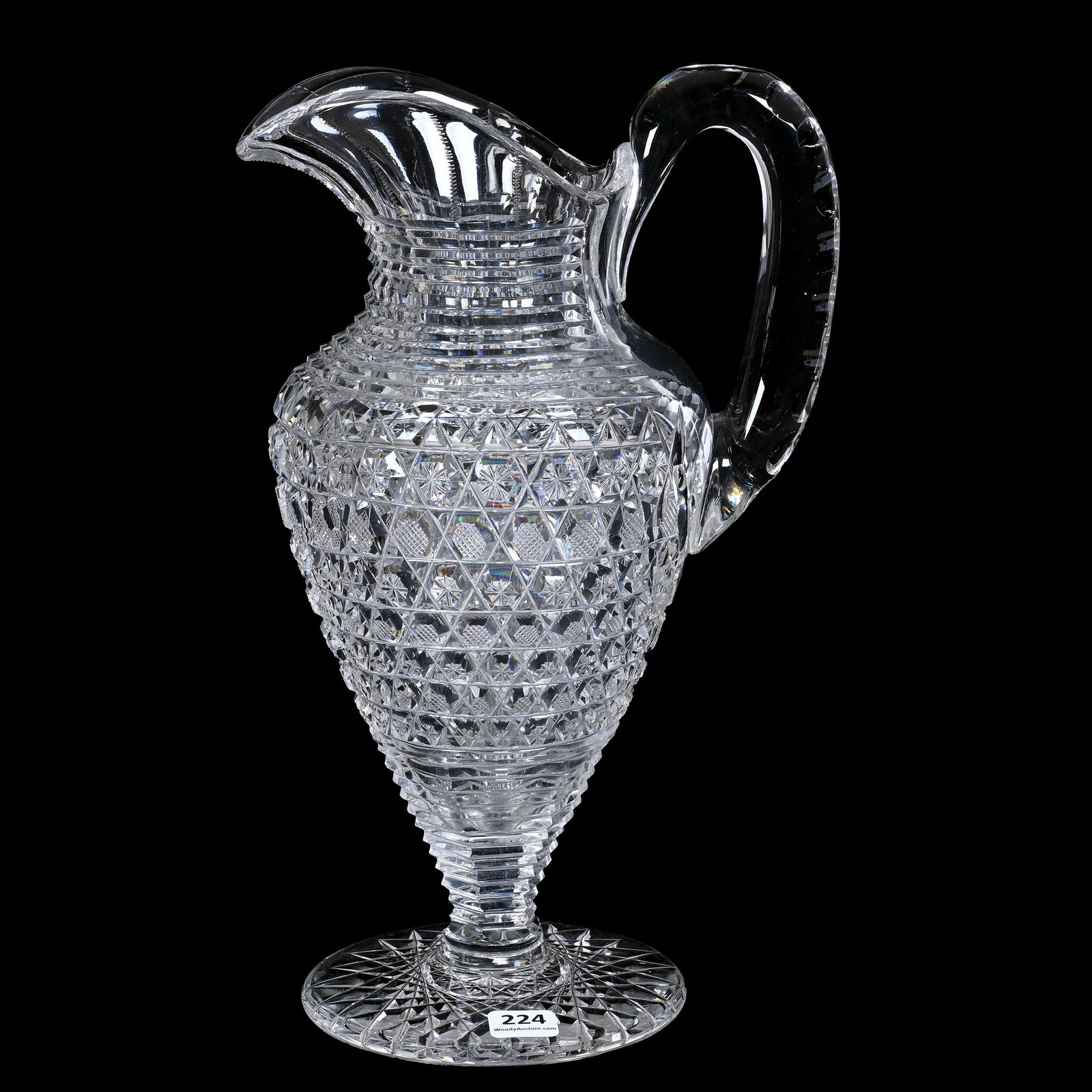 Pedestal Pitcher, American Brilliant Cut Glass: Pedestal Pitcher, American Brilliant Cut Glass, 12.5" x 7", Hob Button Body With Strawberry Diamond And Star Highlights, Step Cut Neck, Double Notched Handle, Hobstar Base, Steve Hollis Collection, VA