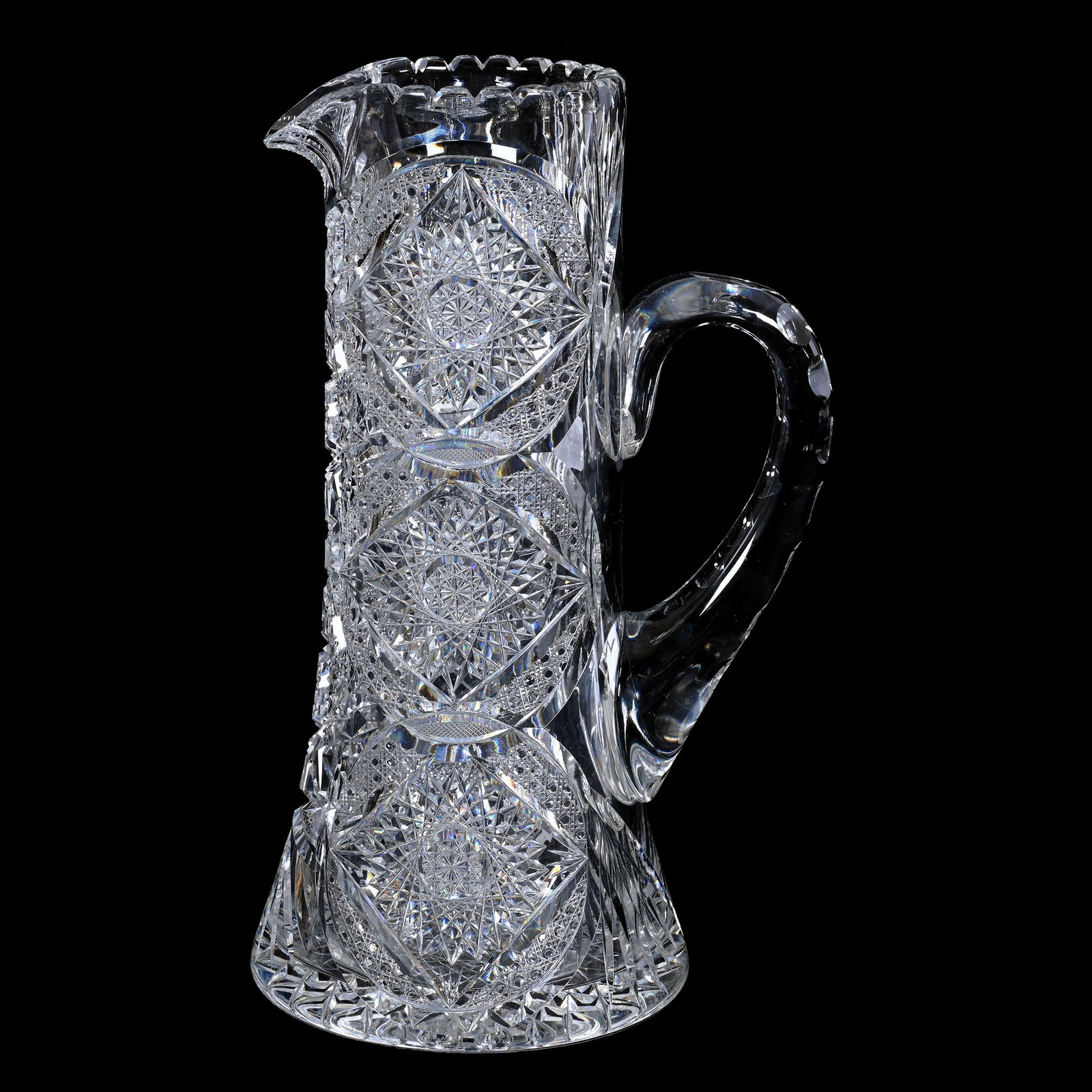 Tankard, American Brilliant Cut Glass: Tankard, American Brilliant Cut Glass, 11.5" x 7", Hobstars With Interlocking Circles, Cane, Strawberry Diamond And Fan Highlights, Hobstar Base, Steve Hollis Collection, VA.