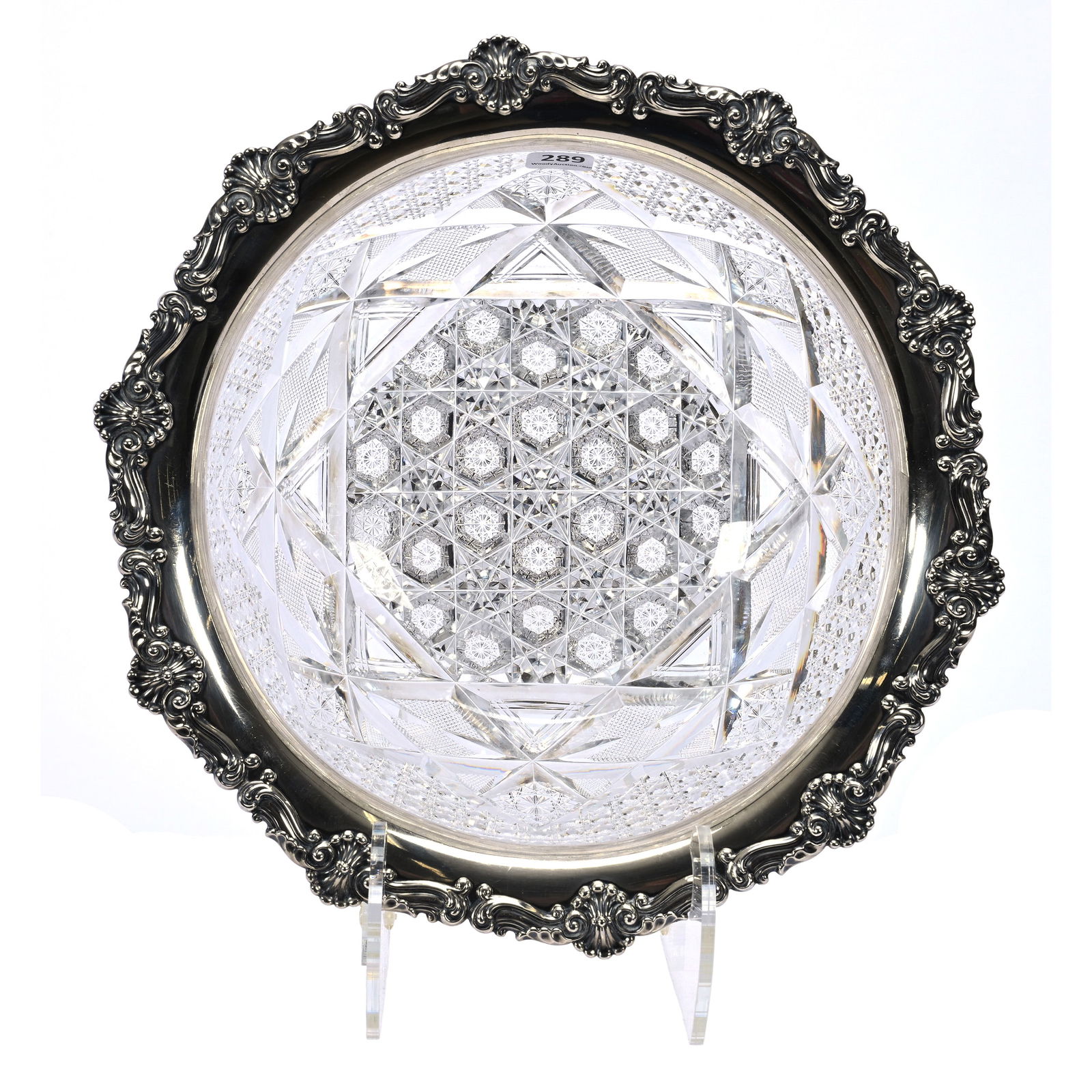 Bowl, ABCG, By J. Hoare, Sterling Rim: Bowl, American Brilliant Cut Glass, By J. Hoare, Sterling Rim, 4.5" x 11.75", Hobstar Cluster Center With Strawberry Diamond And Cane Highlights, Sterling Silver Rim Marked Gorham D193, Exactly As Sho