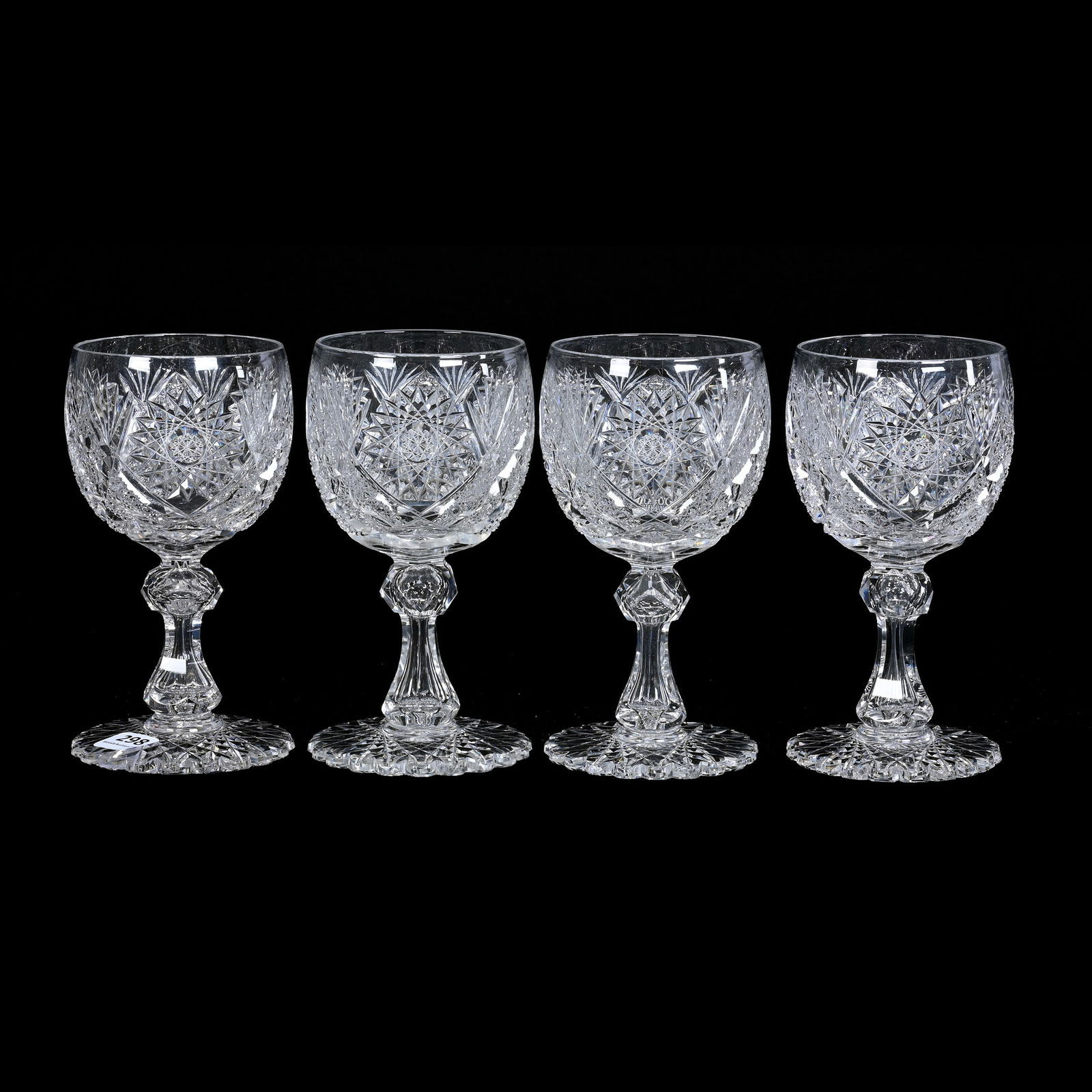 (4) Goblets, American Brilliant Cut Glass: (4) Goblets, American Brilliant Cut Glass, 6.25" x 3.25", Three Sections Of Hobstar, Cane, Nailhead Diamond And Fan Motif, Teardrop Stem, Scalloped Hobstar Foot, Nice Set, The Late Richard Byrne Colle