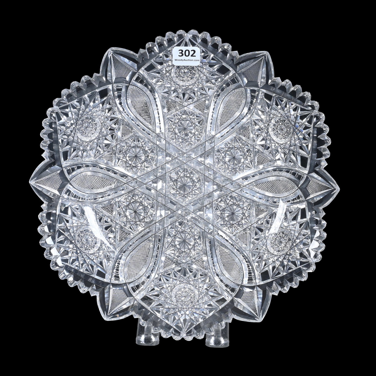 Round Tray, American Brilliant Cut Glass: Round Tray, American Brilliant Cut Glass, 10", Six Sections Of Hobstar, Vesica, Strawberry Diamond And Prism Motif, Ian Berke Estate Collection, CA.