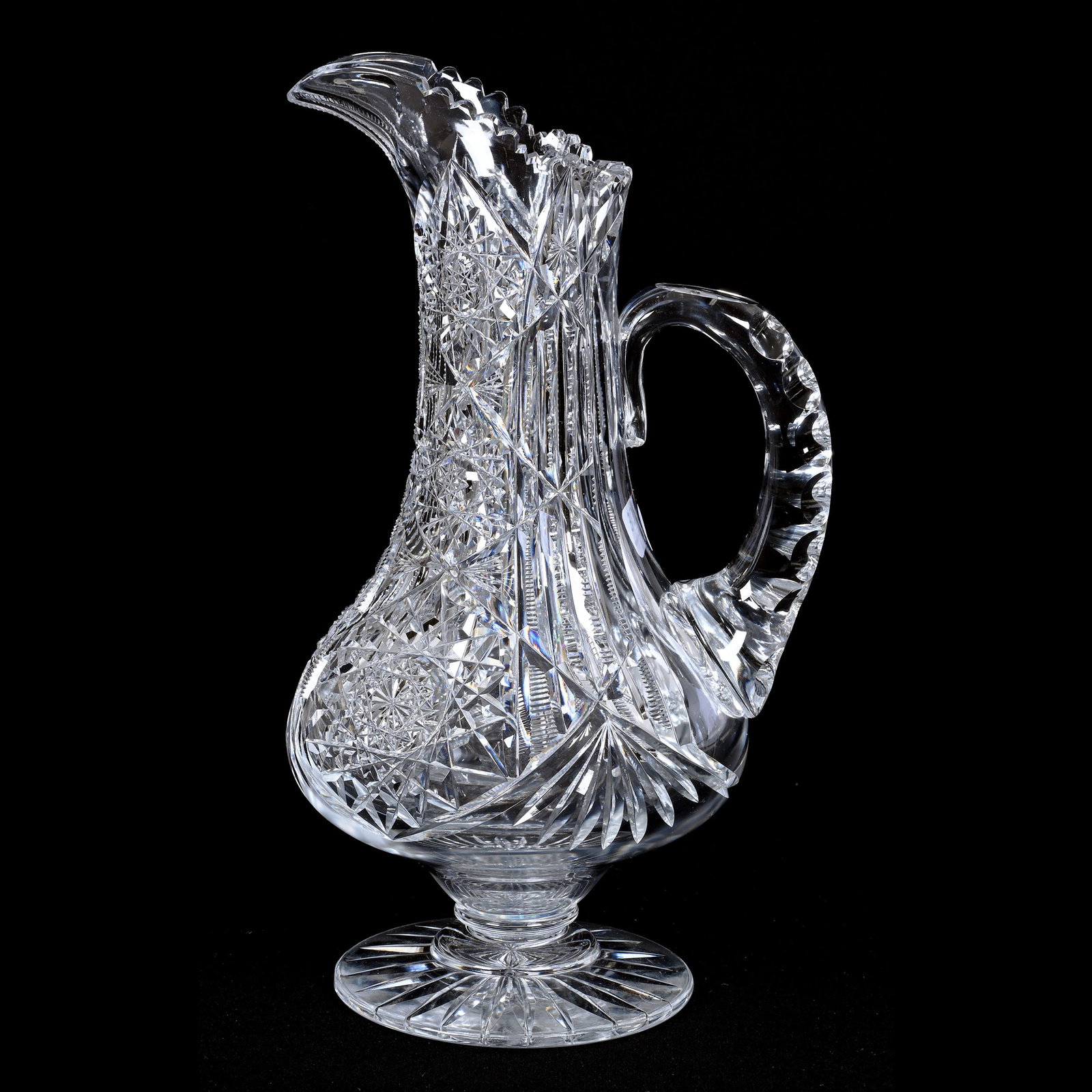 Pedestal Pitcher, American Brilliant Cut Glass: Pedestal Pitcher, American Brilliant Cut Glass, 13" x 7", Hobstar, Prism And Fan Motif, Double Notched Handle, Ray Cut Foot, Steve Hollis Collection, VA.