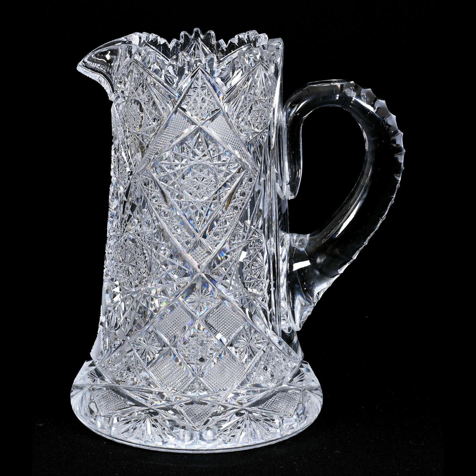 Pitcher, American Brilliant Cut Glass: Pitcher, American Brilliant Cut Glass, 9.25" x 7.5", Hobstar, Cane, Strawberry Diamond, Star And Fan Motif, Triple Notched Handle, Hobstar Base, Steve Hollis Collection, VA.