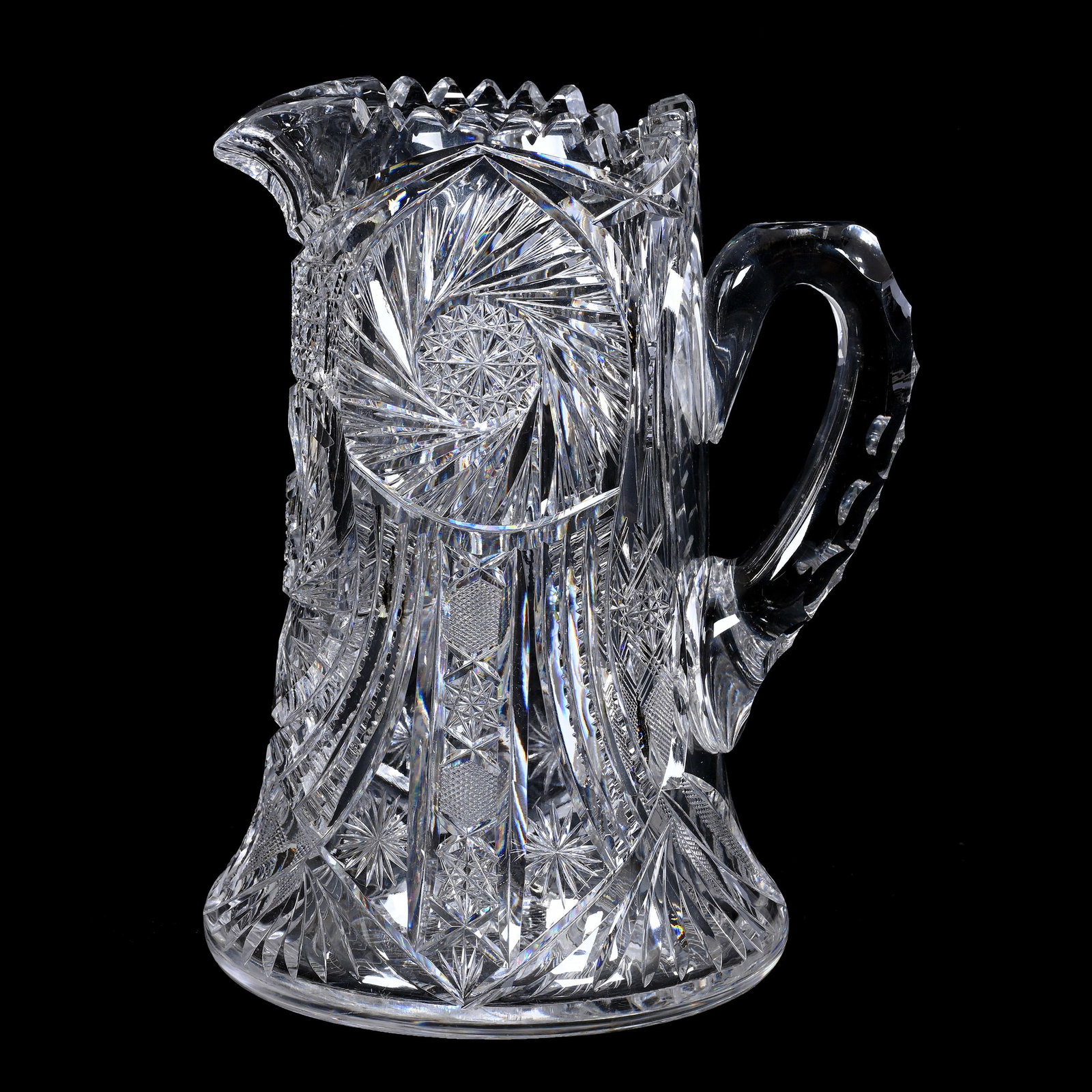 Pitcher, American Brilliant Cut Glass: Pitcher, American Brilliant Cut Glass, 9.25" x 7.25", Pinwheel, Cane, Strawberry Diamond, Prism, Star And Fan Motif, Triple Notched Handle, Pinwheel Base, Steve Hollis Collection, VA.