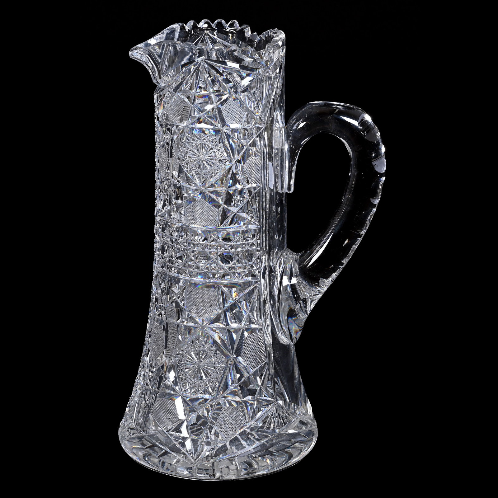 Tankard, American Brilliant Cut Glass: Tankard, American Brilliant Cut Glass, 11.25" x 6.5", Hobstar, Cane And Strawberry Diamond Motif, Double Notched Handle, Ray Cut Base, Steve Hollis Collection, VA.