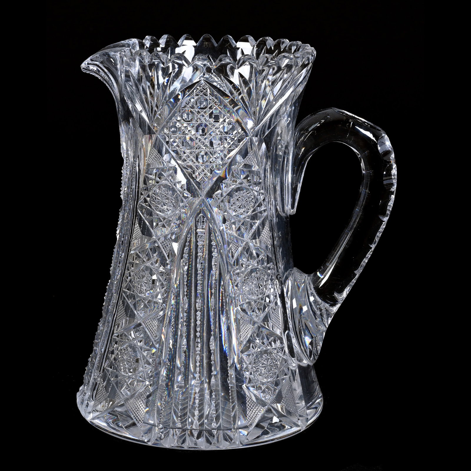 Pitcher, American Brilliant Cut Glass: Pitcher, American Brilliant Cut Glass, 9.5" x 8", Hobstar, Cane, Strawberry Diamond, Prism And Fan Motif, Double Notched Handle, Ray Cut Base, NY Private Collection.