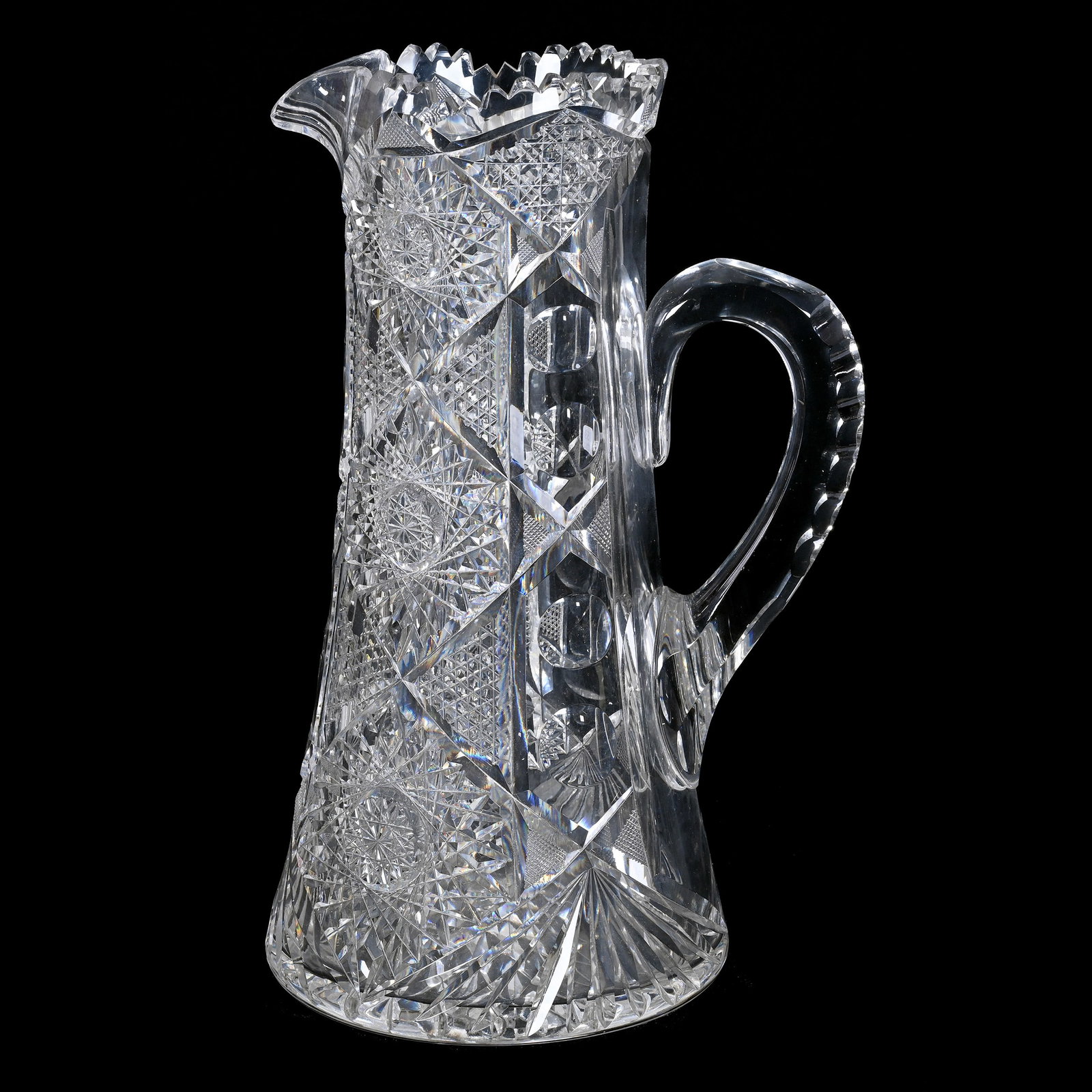Tankard, American Brilliant Cut Glass: Tankard, American Brilliant Cut Glass, 11.75" x 7.5", Hobstar, Nailhead Diamond, Bullseye, Strawberry Diamond And Fan Motif, Hobstar Cut Base, Ian Berke Estate Collection, CA.