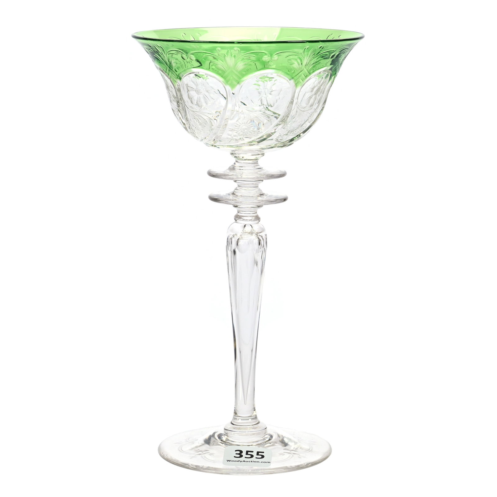 Wine Stem, BPCG, Steuben, Green Cut To Clear: Wine Stem, Steuben Stem 6445, Holbein Pattern, Brilliant Period Cut Glass, Green Cut To Clear, 7.75" x 4.25", Engraved Floral Design, Hollow Stem With Double Disc, Pattern Engraved Foot, The Late Rich