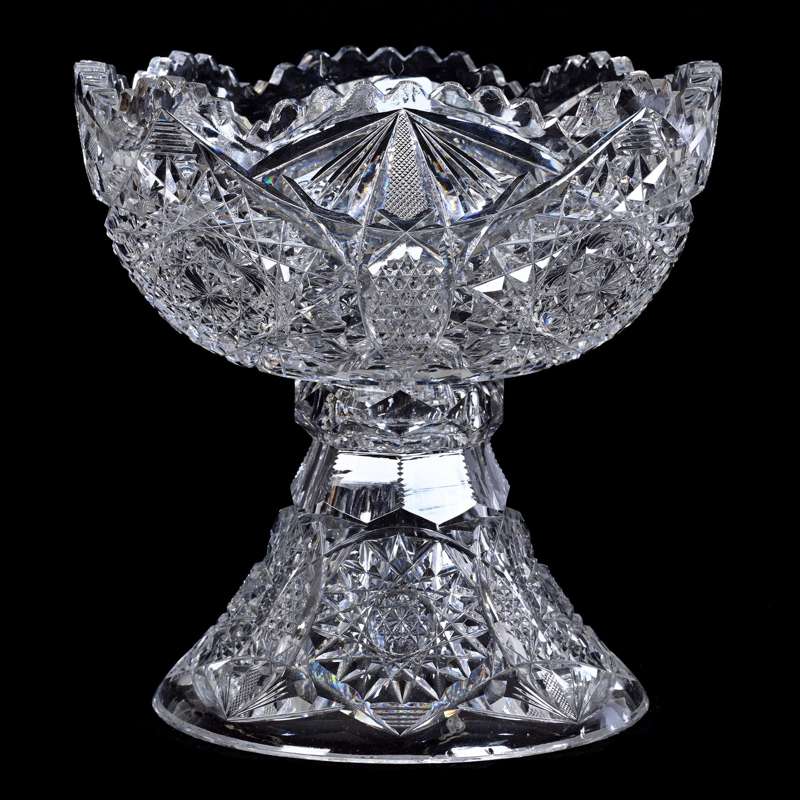 Egg Nog Bowl, Two Part, ABCG: Egg Nog Bowl, Two Part, American Brilliant Cut Glass, 9" x 9", Hobstar, Vesica, Nailhead Diamond, Strawberry Diamond And Fan Motif, Base Roughness, NY Private Collection.