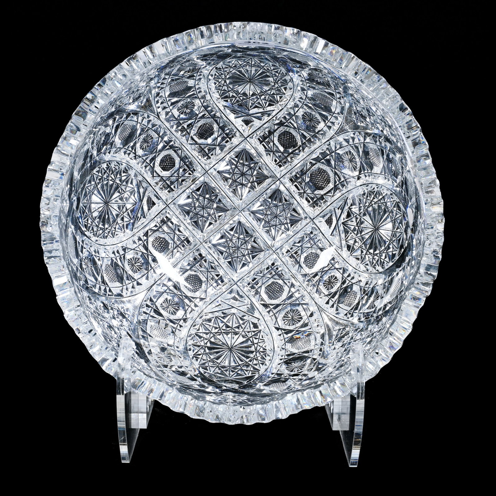 Bowl, American Brilliant Cut Glass: Bowl, American Brilliant Cut Glass, 4.25" x 9", Four Sections Of Hobstar, Interlocking Vesica, Cane And Strawberry Diamond Motif, Tooth Chips, Steve Hollis Collection, VA.