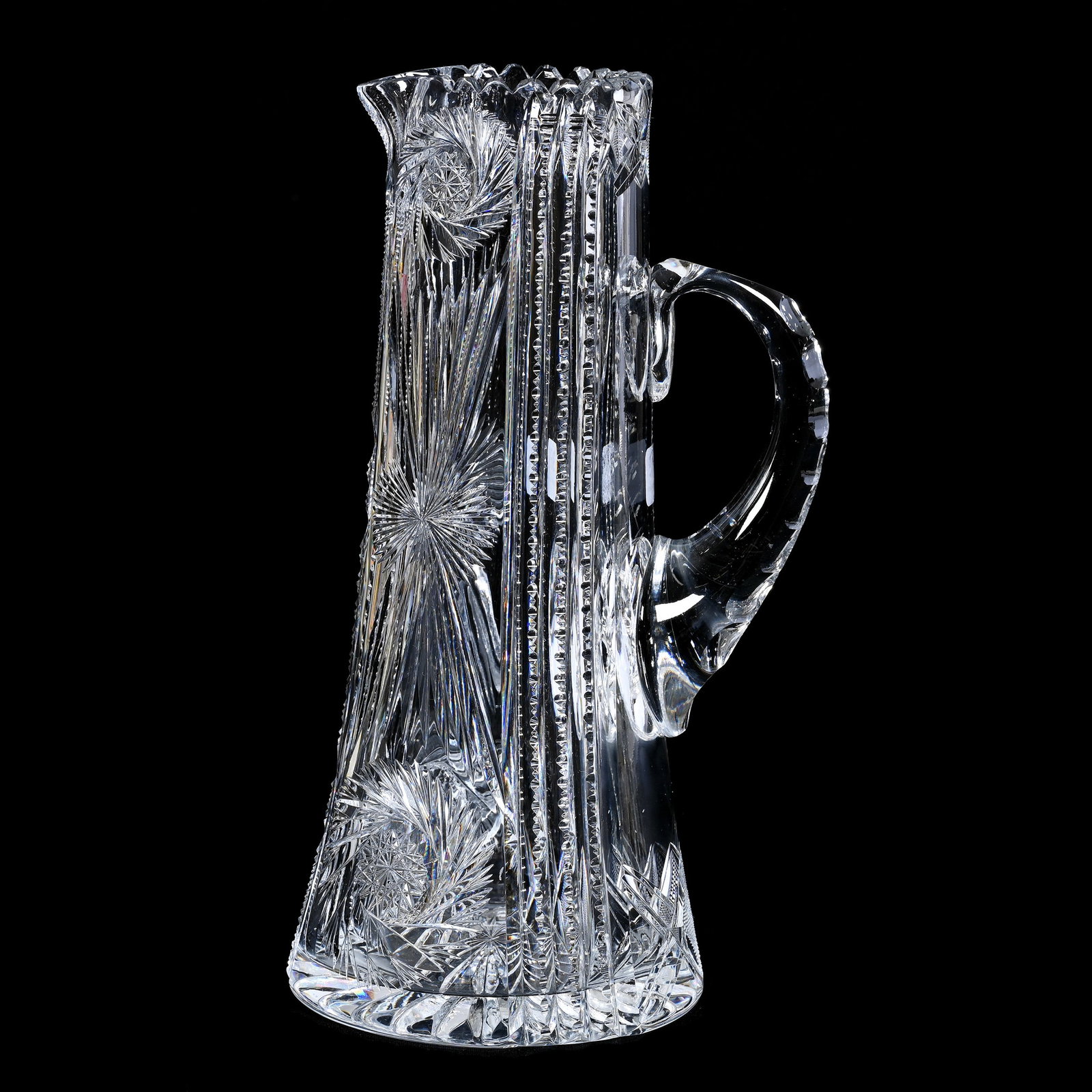 Tankard, American Brilliant Cut Glass: Tankard, American Brilliant Cut Glass, 11.25" x 5.75", Pinwheel, Prism And Fan Motif, Ray Cut Base, Clear Blank, Steve Hollis Collection, VA.