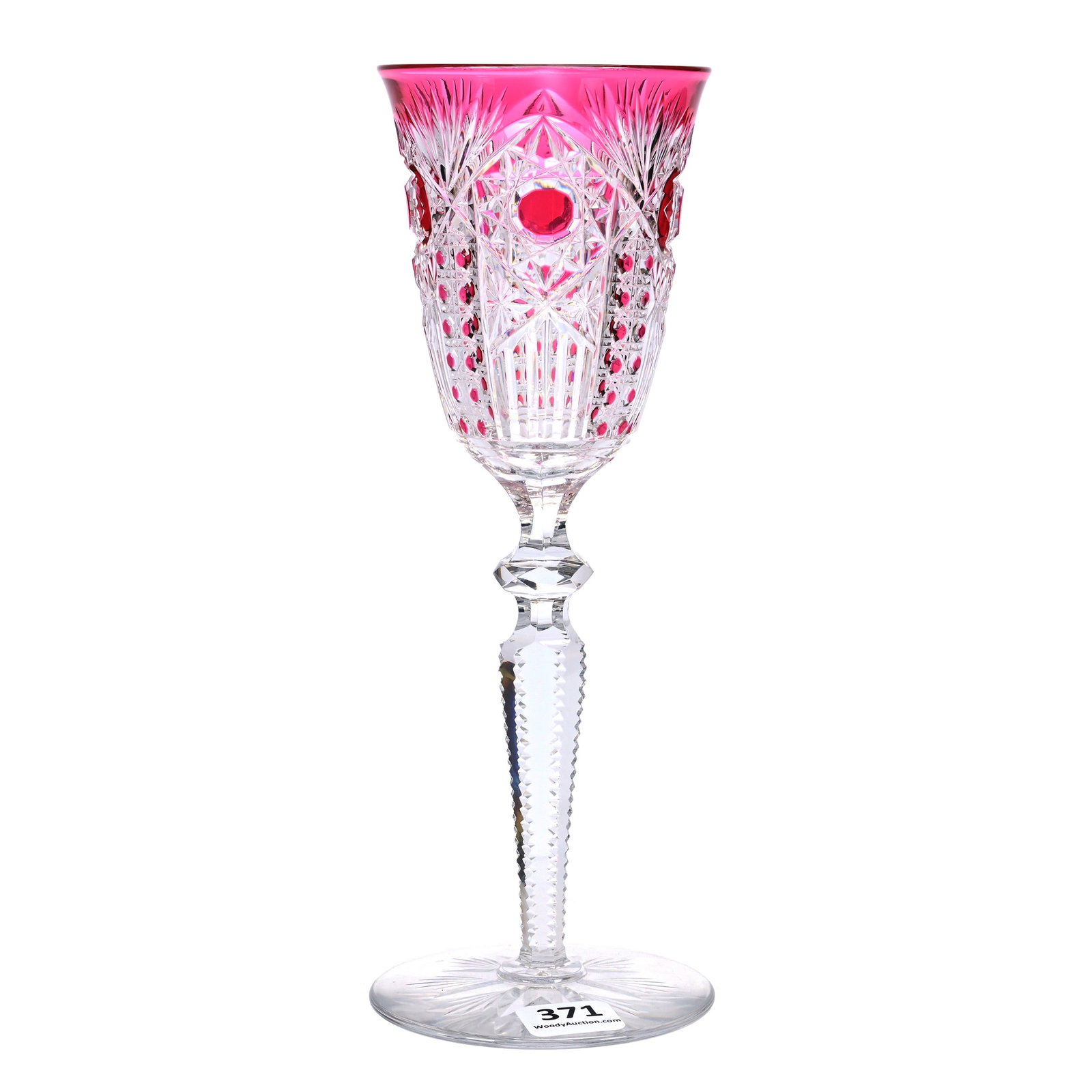 Wine Stem, BPCG, Cranberry Cut To Clear: Wine Stem, Brilliant Period Cut Glass, Cranberry Cut To Clear, 8.5" x 3", Hobstar, Cane And Fan Motif, Attributed To Val St. Lambert, Solid Notched Stem, Flashed Ray Foot, Steve Hollis Collection, VA.
