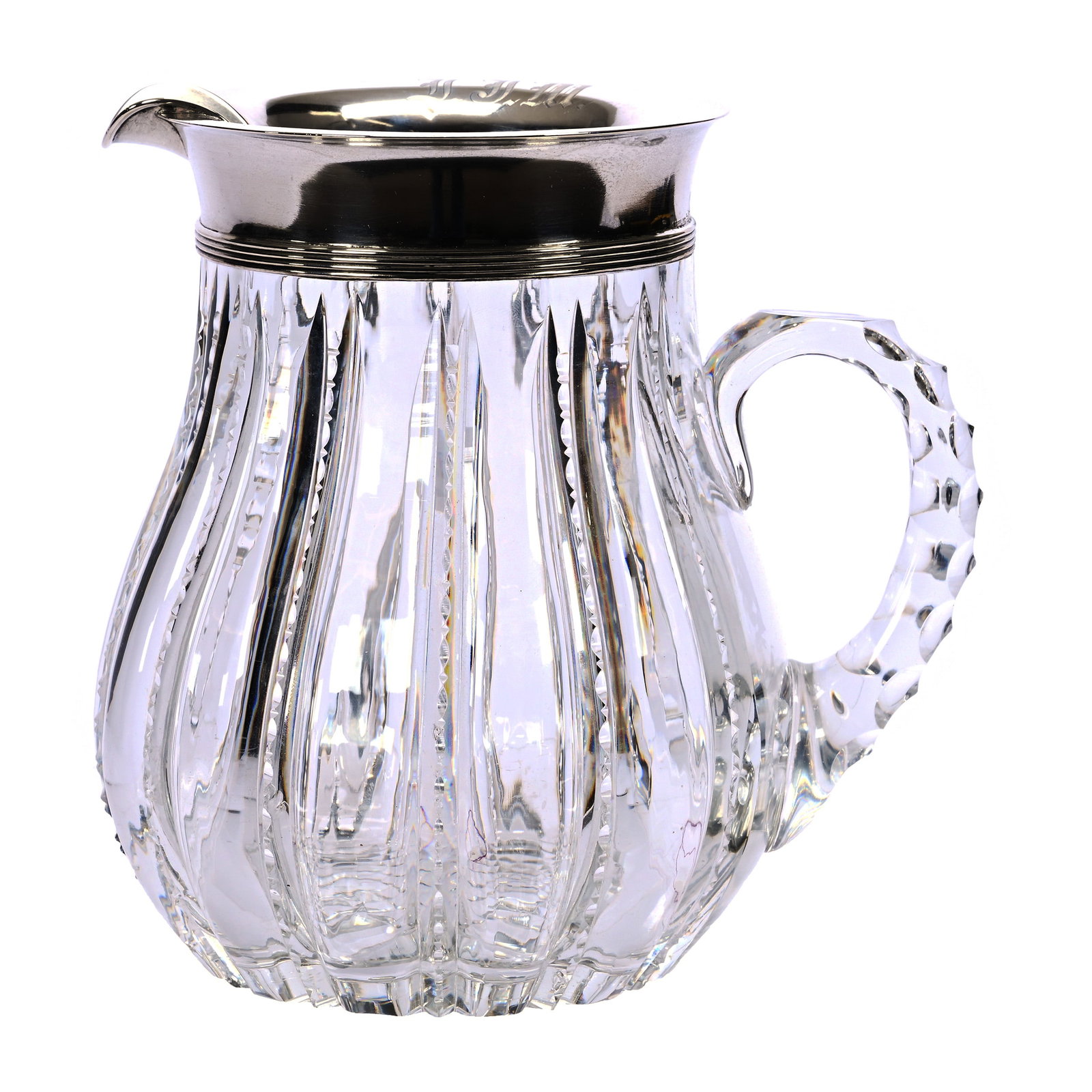 Pitcher, ABCG, Sterling Collar: Pitcher, American Brilliant Cut Glass, Sterling Collar, 7.5" x 8", Tusk And Prism Pattern, Hobstar Base, Triple Notched Handle, Sterling Silver Spout Marked J. F. Fradley #328, The Late Richard Byrne 