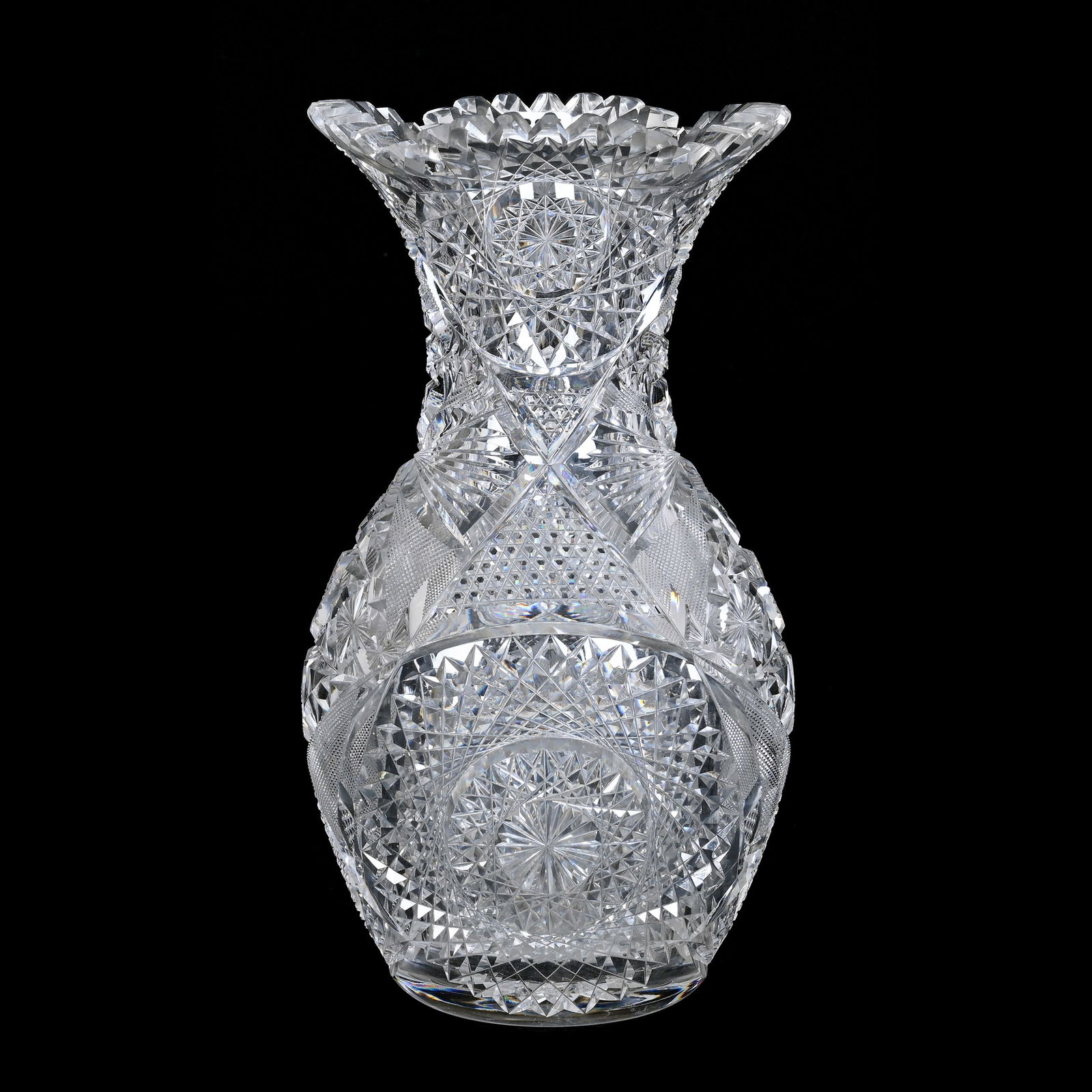 Vase, American Brilliant Cut Glass: Vase, American Brilliant Cut Glass, 11.75" x 6", Hobstar, Strawberry Diamond, Nailhead Diamond, Star And Fan Motif, Thick Blank, IN Private Collection.