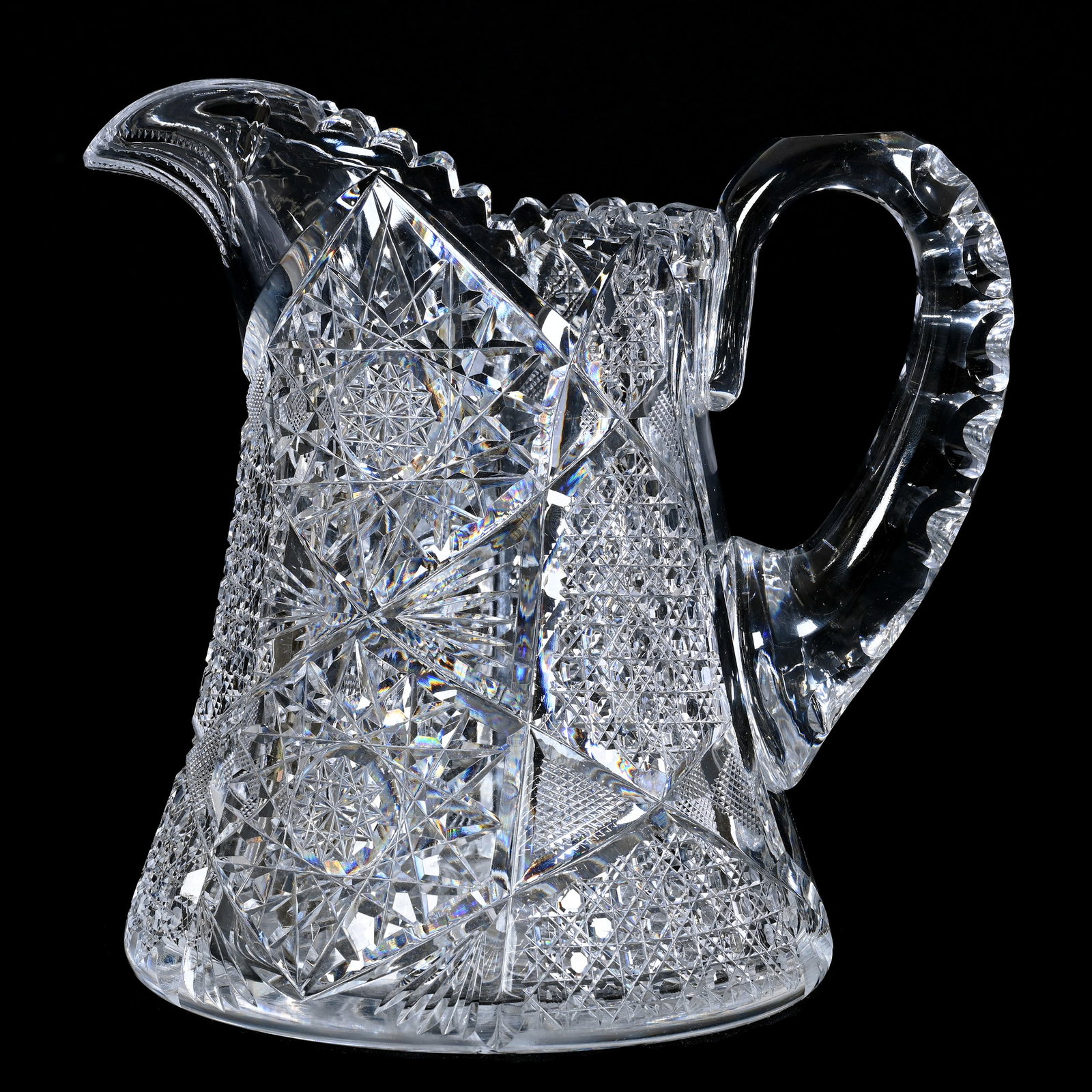 Pitcher, American Brilliant Cut Glass: Pitcher, American Brilliant Cut Glass, 8.25" x 8.5", Hobstar, Cane, Strawberry Diamond And Fan Motif, Double Notched Handle, Ray Cut Base, Steve Hollis Collection, VA.