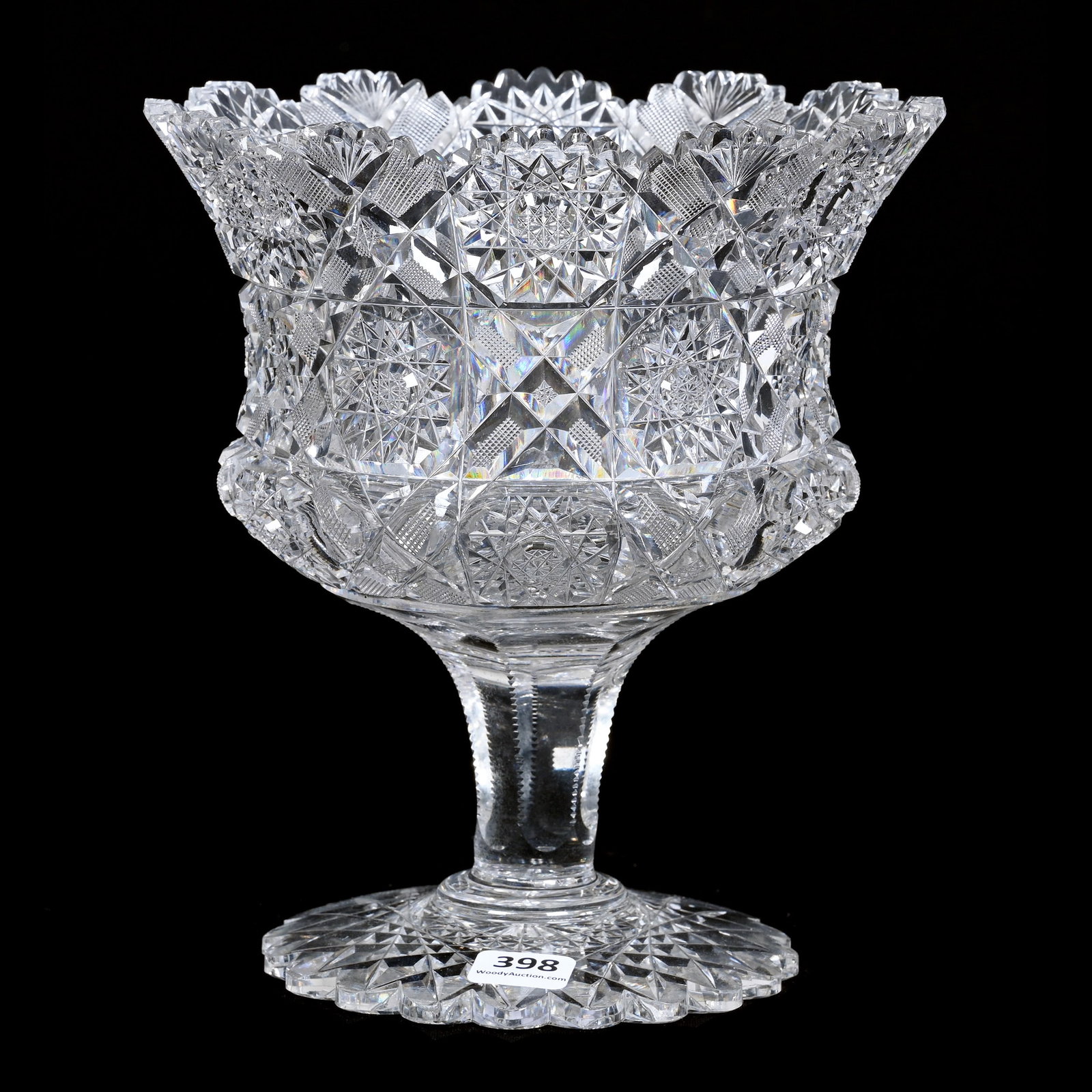 Compote, American Brilliant Cut Glass, Arcadia Pattern: Compote, American Brilliant Cut Glass, Arcadia Pattern, 8" x 7", Solid Notched Stem, Scalloped Hobstar Foot, Tooth Chip, Ian Berke Estate Collection, CA.