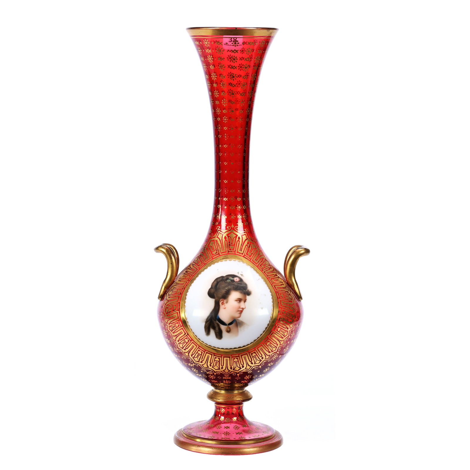 Pedestal Vase, Bohemian Cranberry Art Glass (1 of 4)