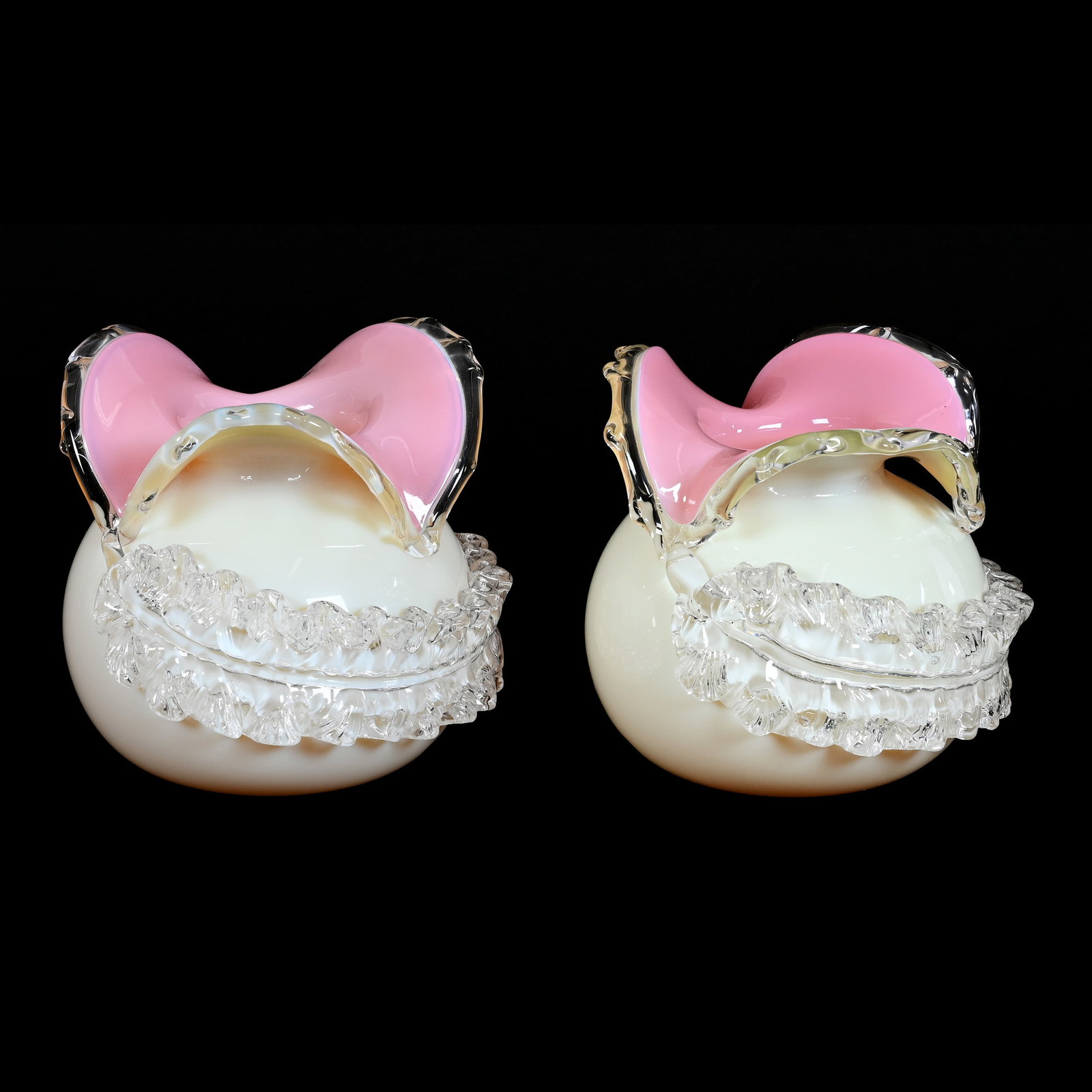 Pair Vases, Stevens & Williams Art Glass: Pair Vases, Stevens & Williams Art Glass, 5" x 5", Cased, White And Yellow Exterior, Pink Interior, Clear Applied Ruffled Leaf Design, Illinois Private Collection. UPDATED 9/16/24: See Additional Phot