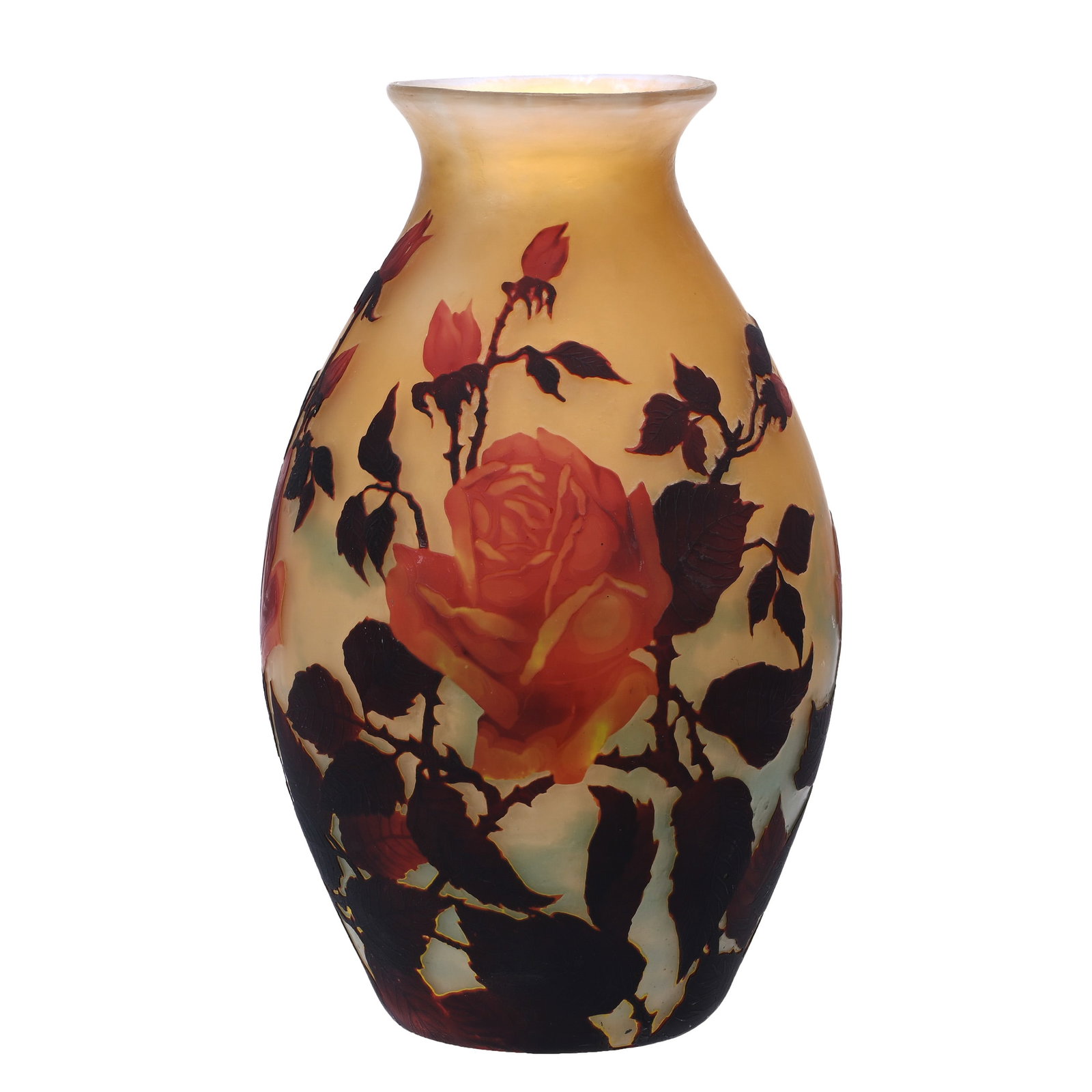 Vase Signed Muller Fres Luneville French Cameo: Vase Signed Muller Fres Luneville French Cameo, 13.5" x 8", Yellow And Blue Mottled Ground With Dark Red Orange Cameo Cutback Rose Floral And Leaf Overlay, Signed On Base, This Piece Had A Large Hole 